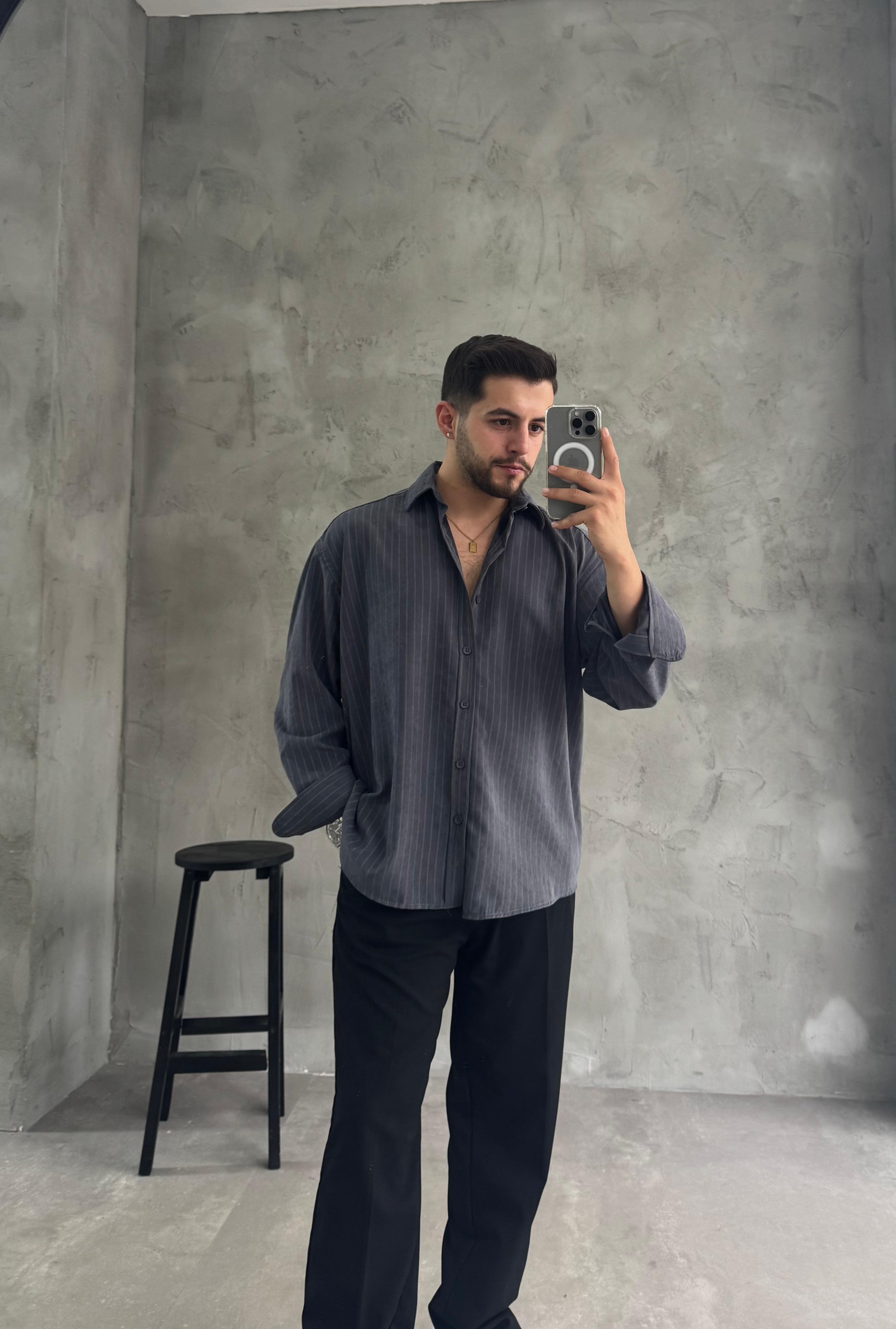 GG Antrasit Kışlık Modal Kumaş Çizgili Gömlek