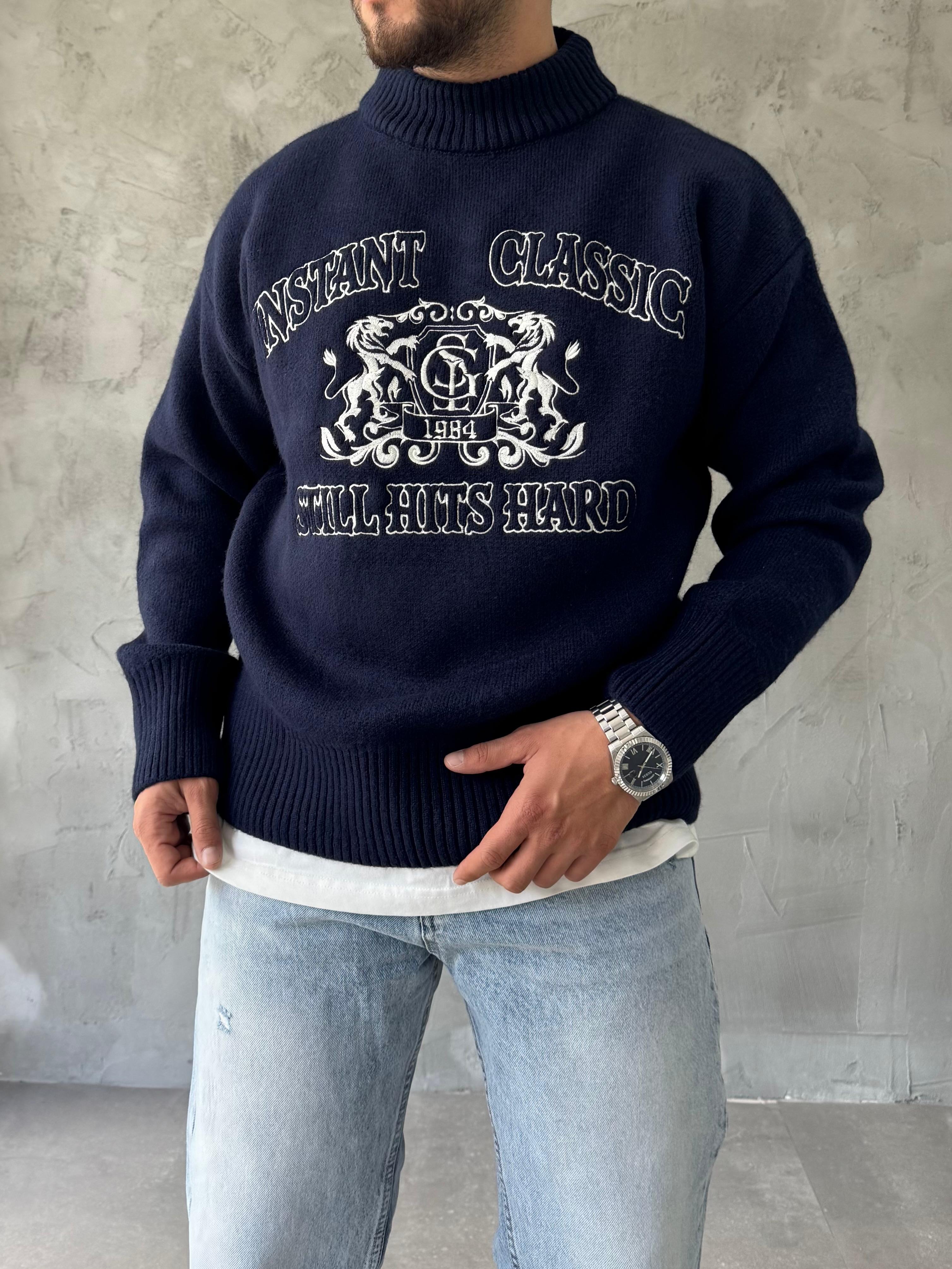 Lacivert Instant Nakışlı Oversize Kazak