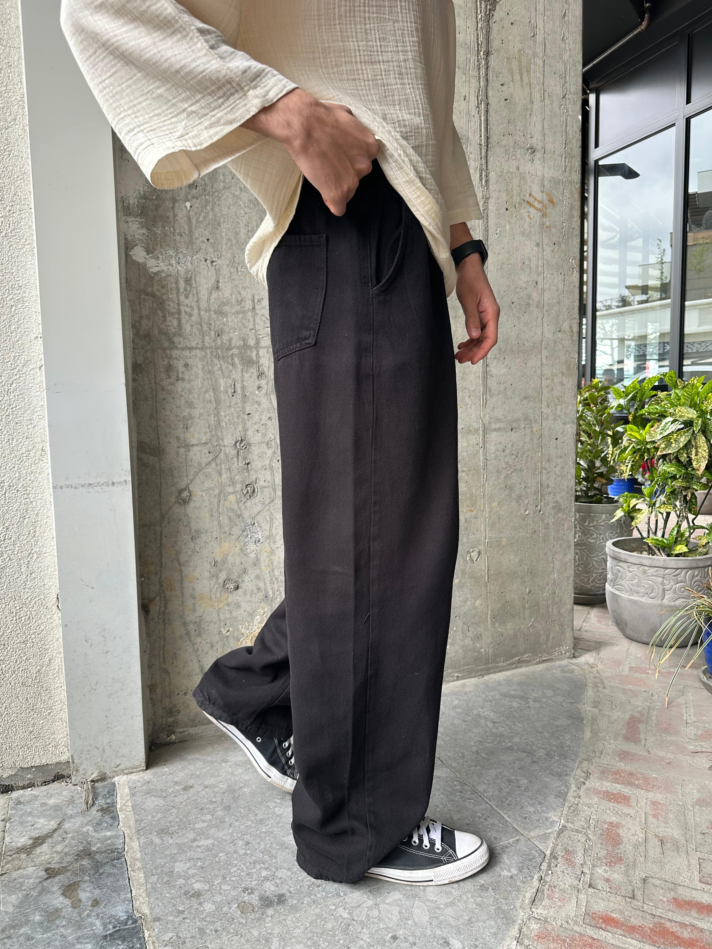 GABARDİN KUMAŞ BAGGY KALIP PANTOLON - SİYAH