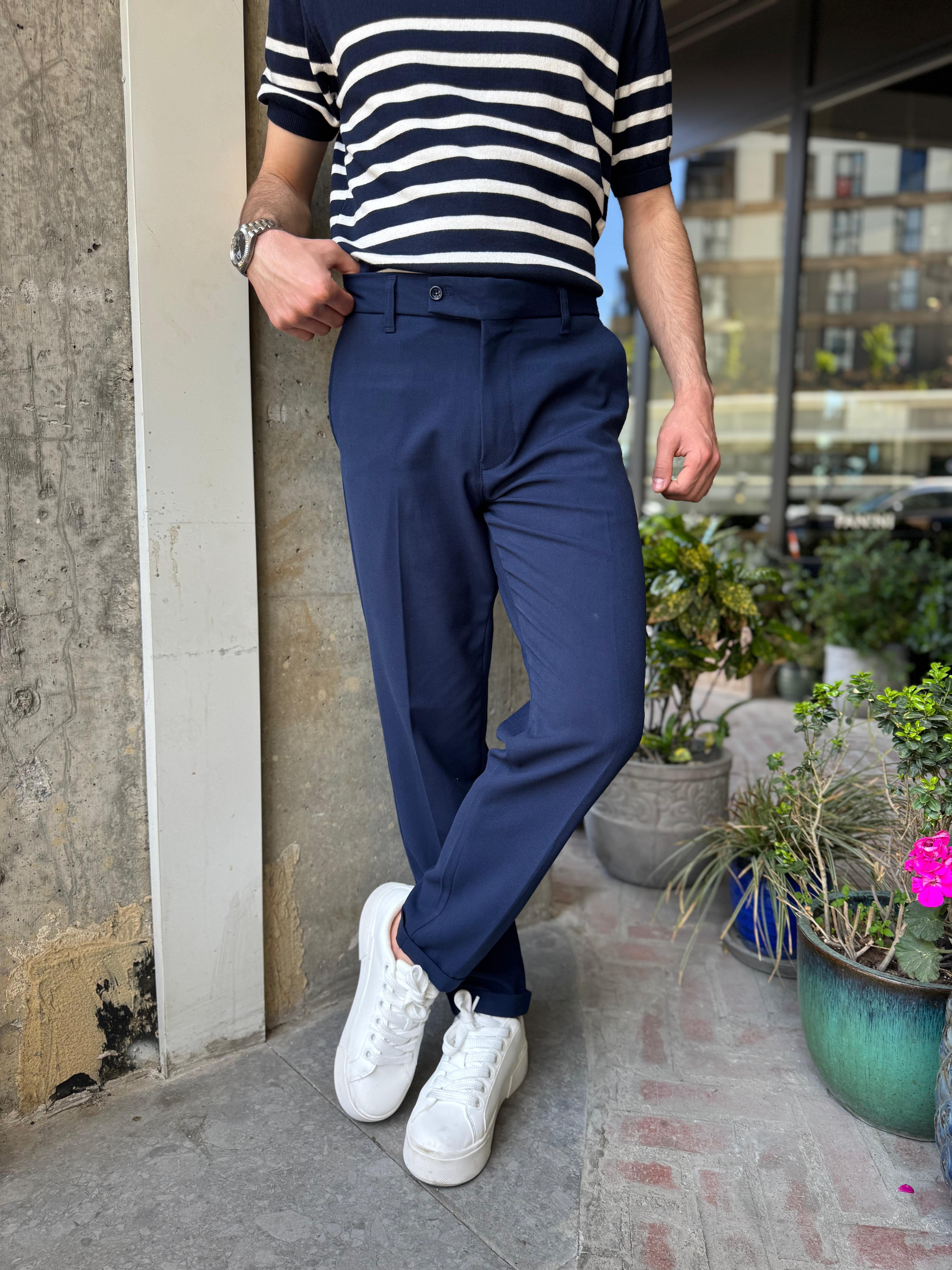 DOUBLE PAÇA KISA DİLLİ KUMAŞ PANTOLON - LACİVERT