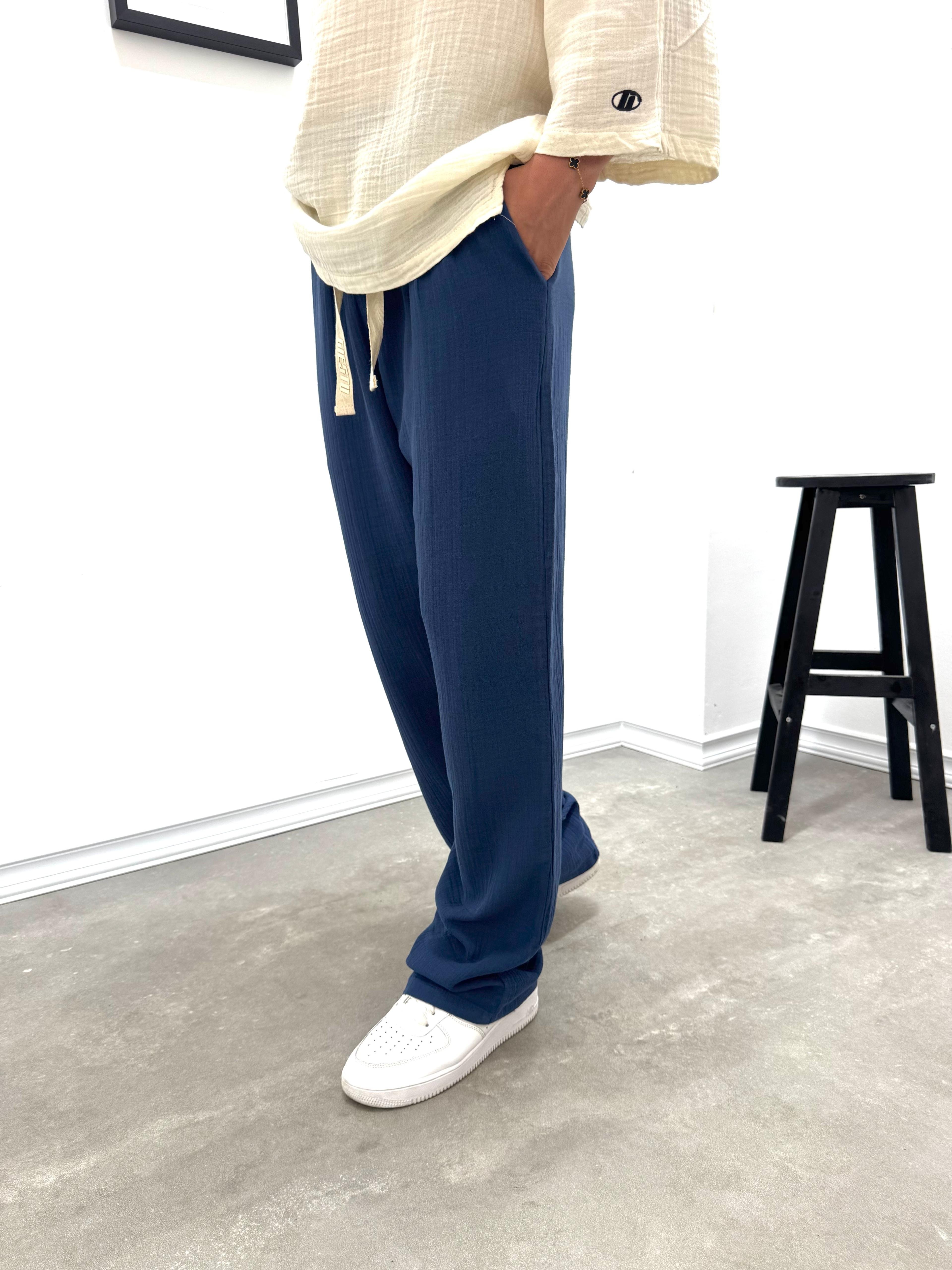 MÜSLİN KUMAŞ BAGGY KALIP PANTOLON - LACİVERT