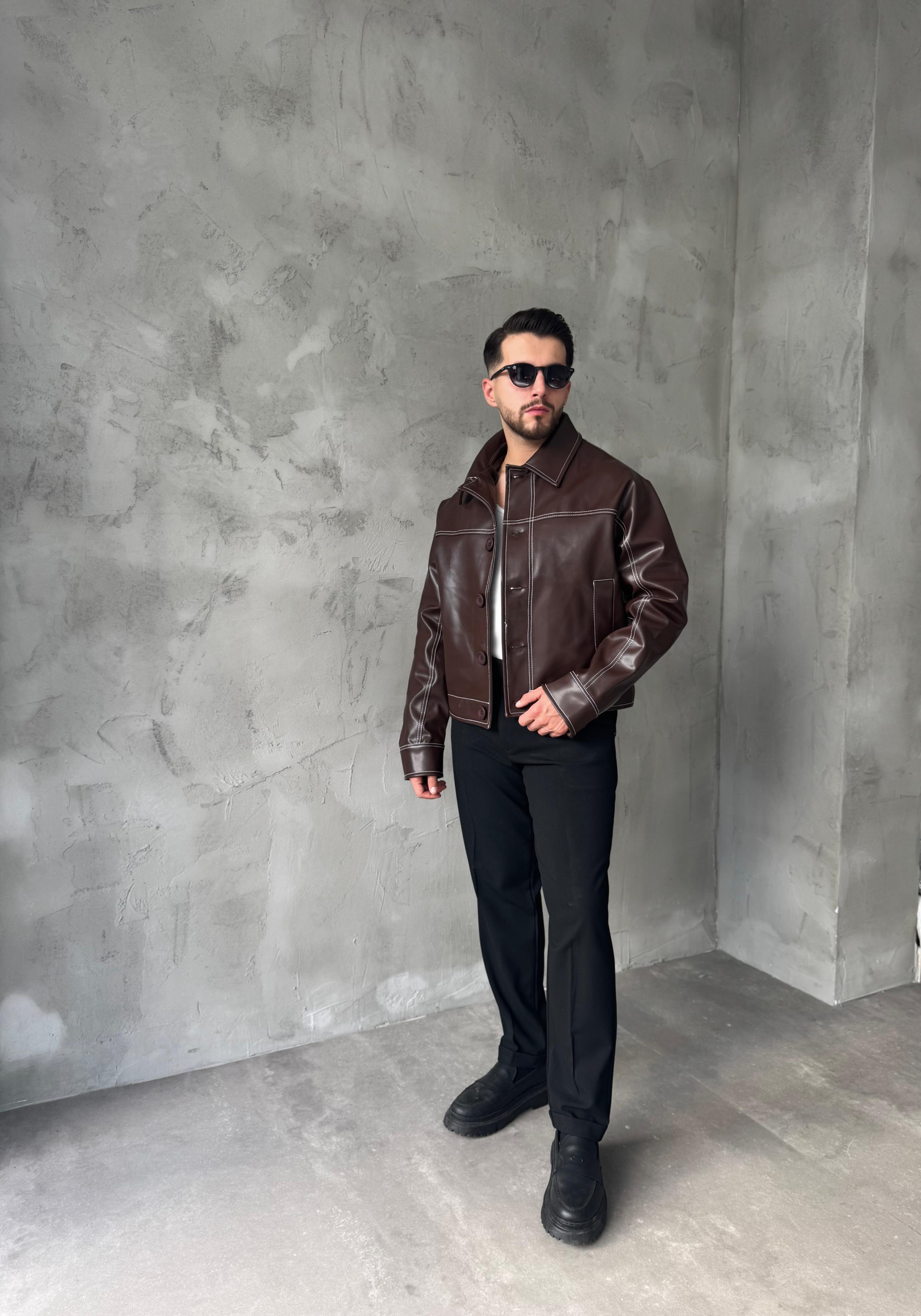 Kahverengi Dikiş Detaylı Giesto Deri Ceket