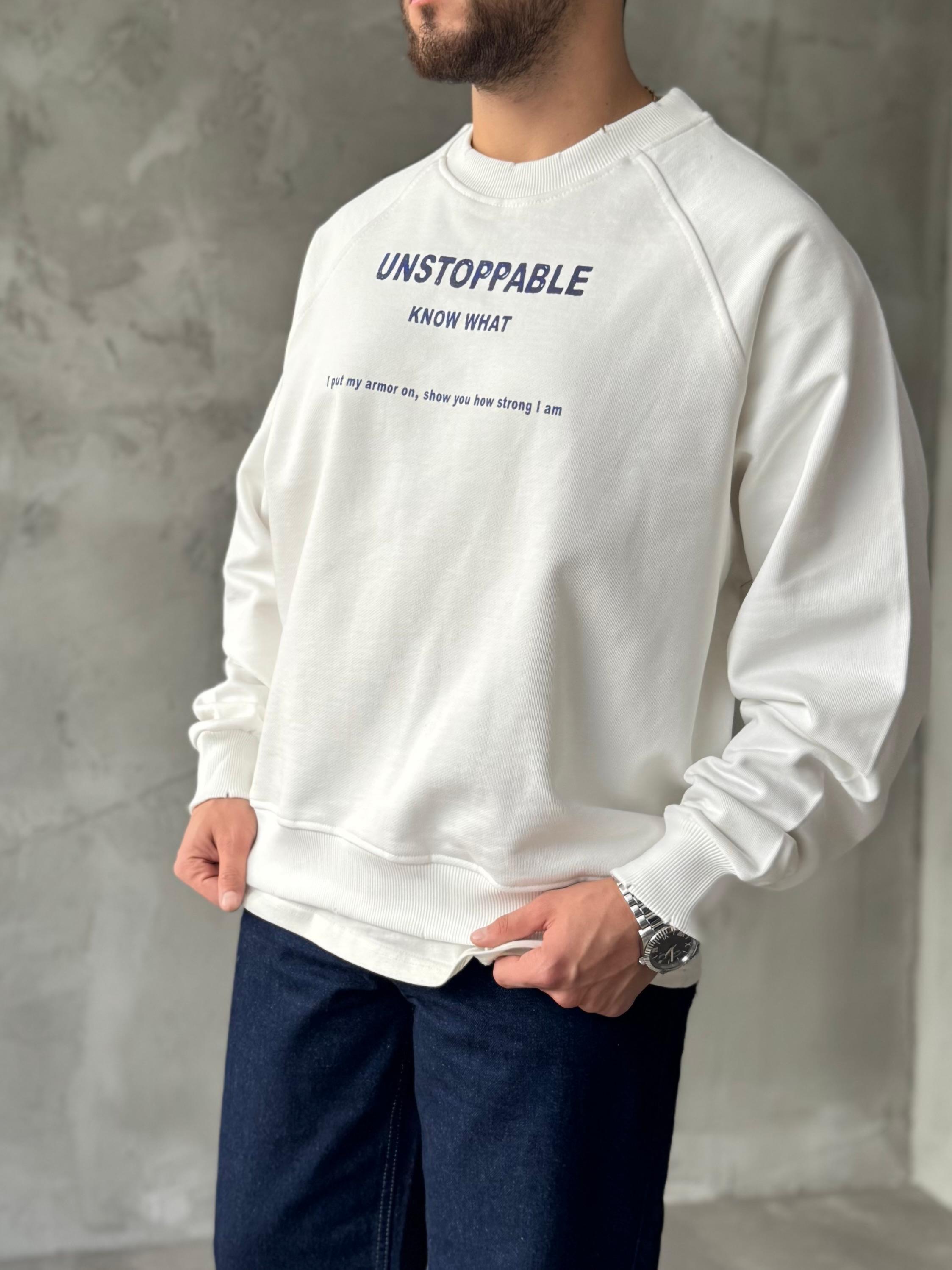 Beyaz Unstoppable Baskılı Oversize Sweatshirt
