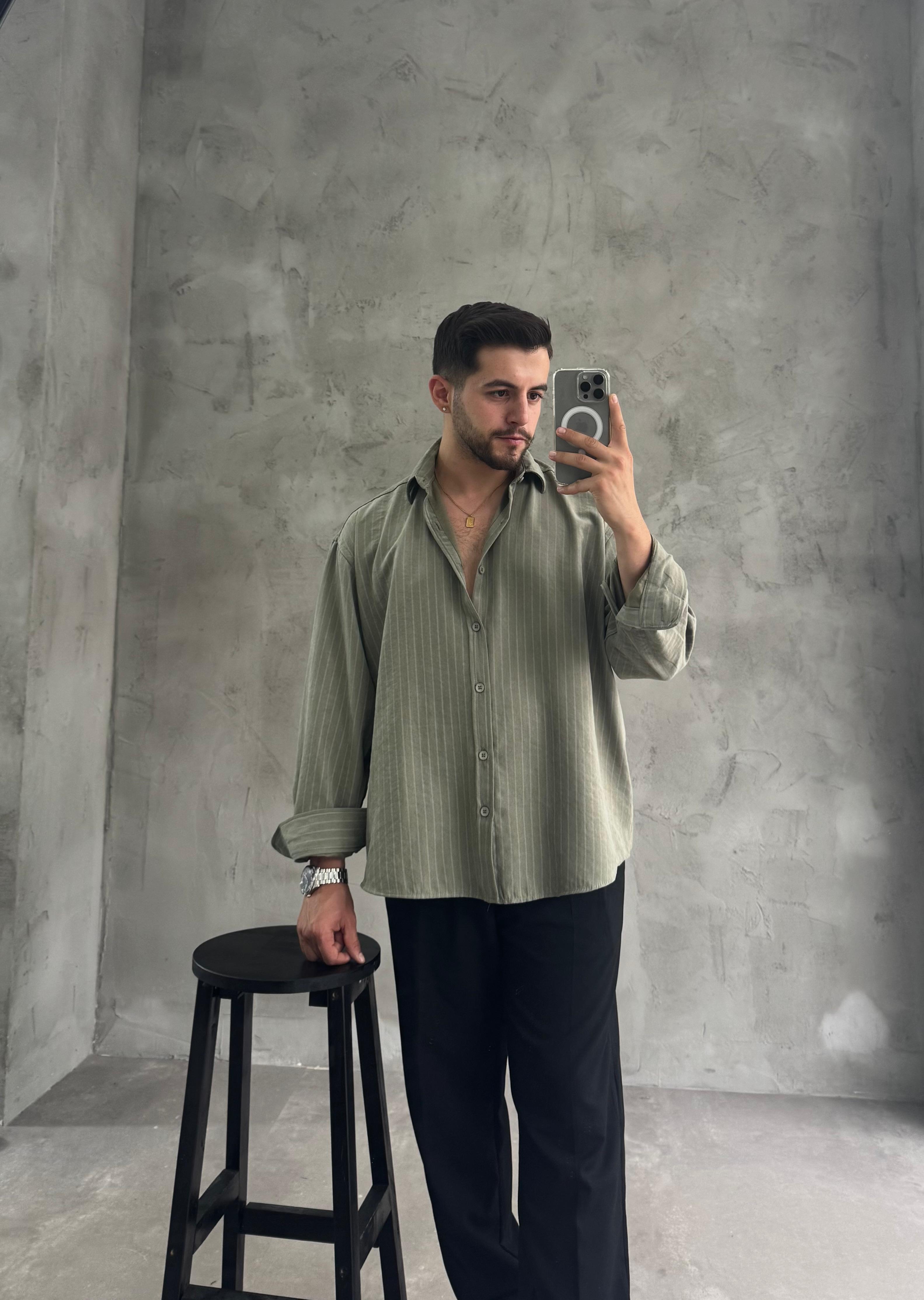 GG Haki Kışlık Modal Kumaş Çizgili Gömlek