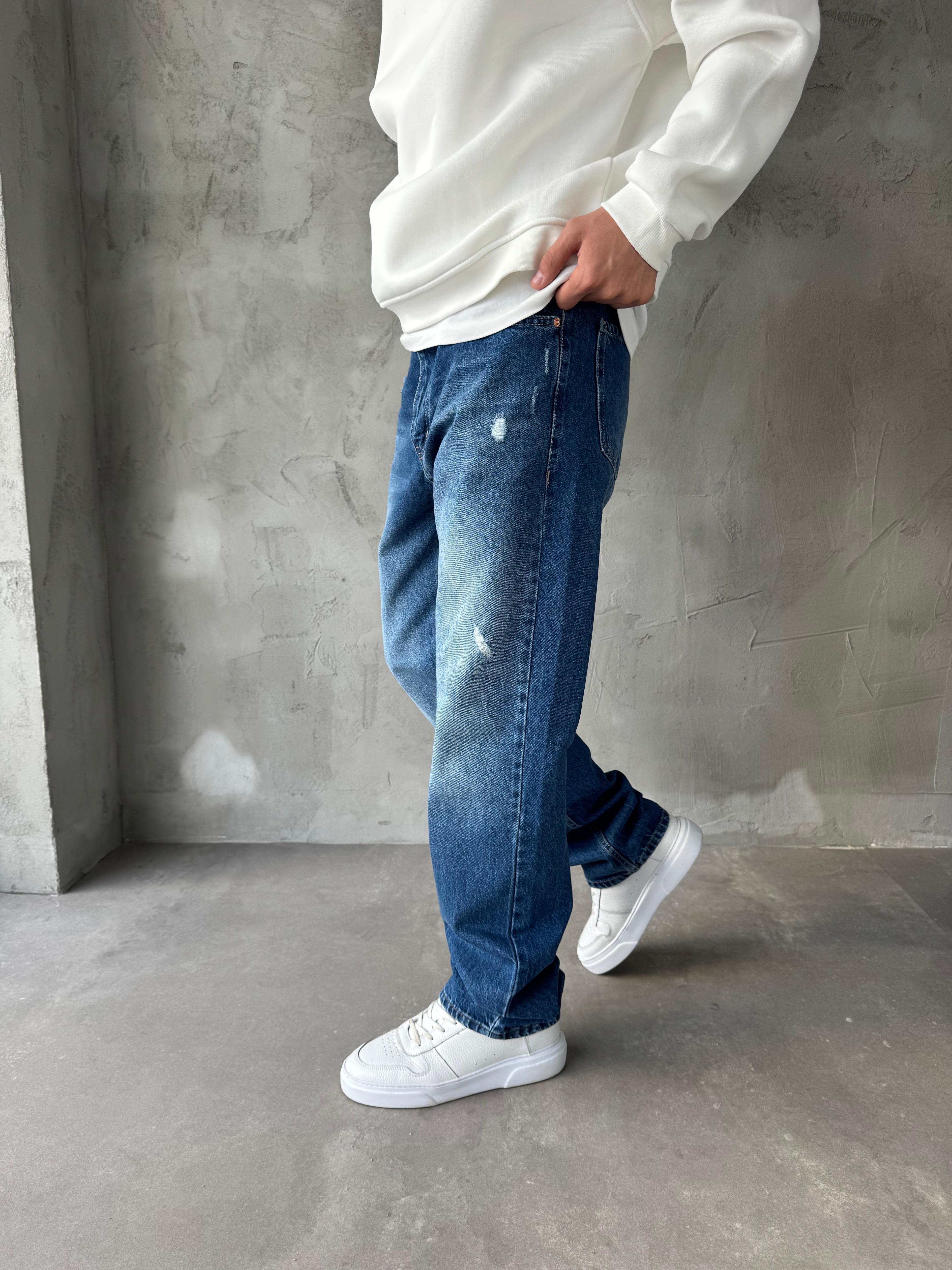 MAVİ TAŞLANMIŞ YIRTIKLI BAGGY KALIP PANTOLON - MAVİ