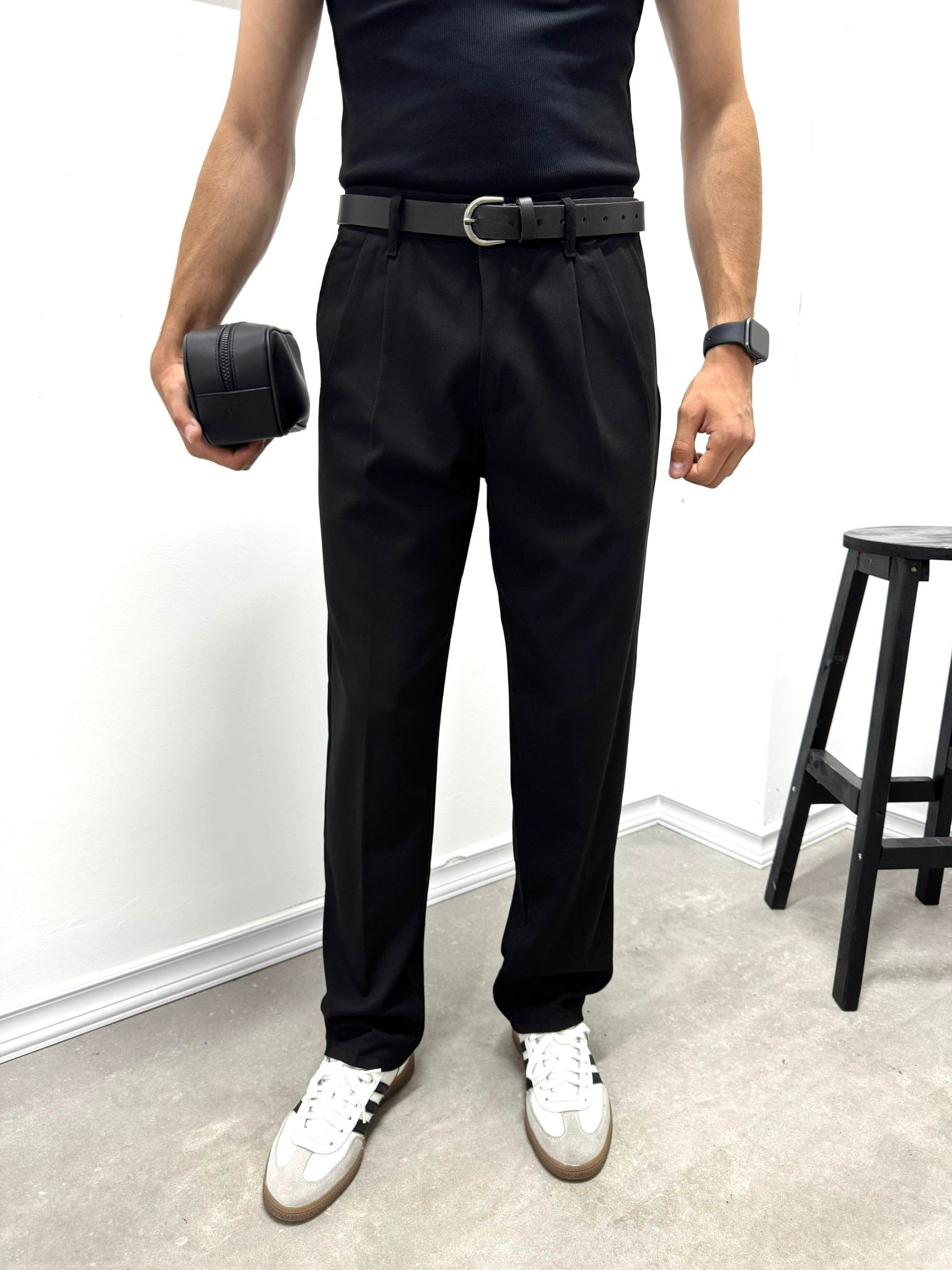 PİLELİ BAGGY KUMAŞ PANTOLON - SİYAH