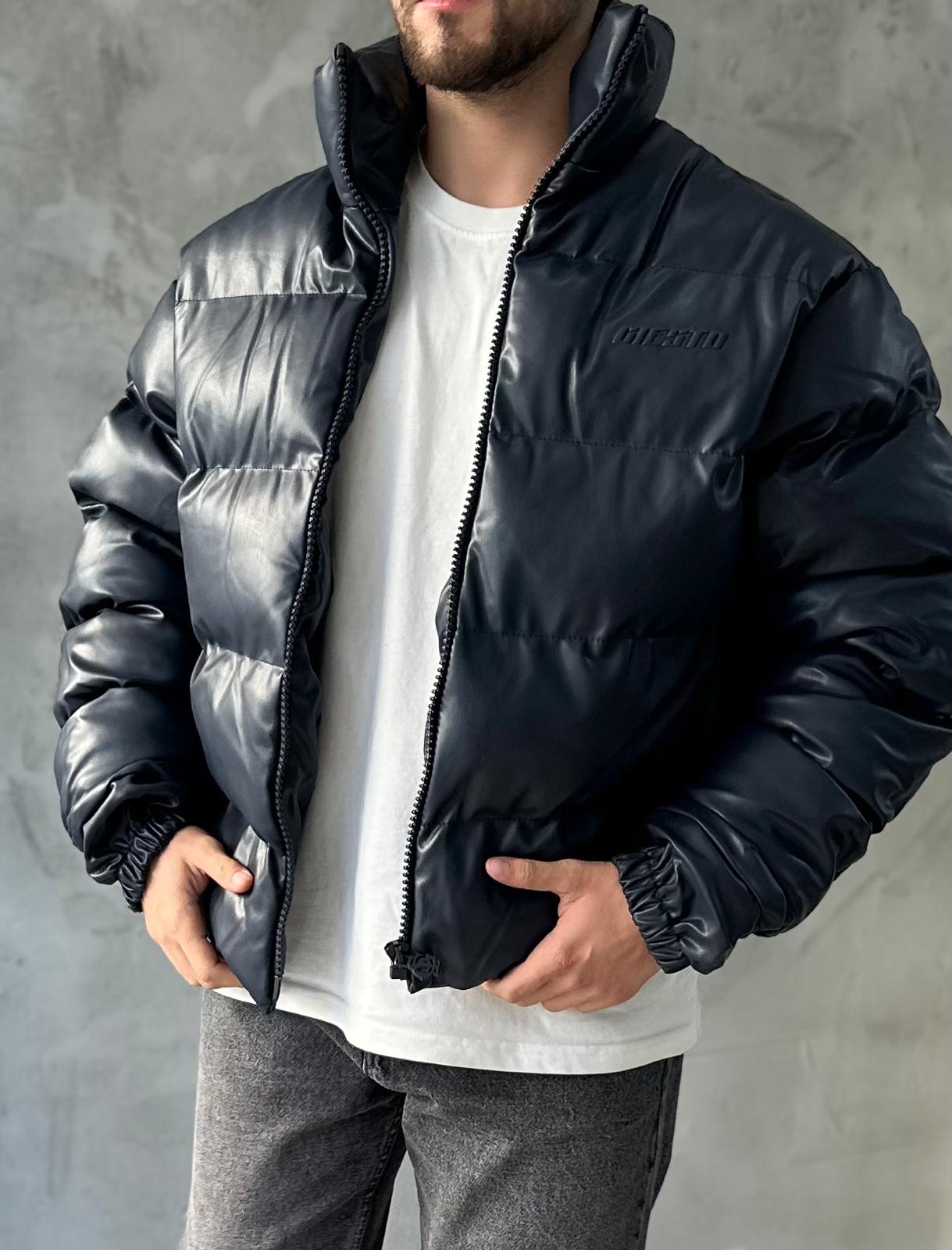 Lacivert Premium Deri Oversize Şişme Mont