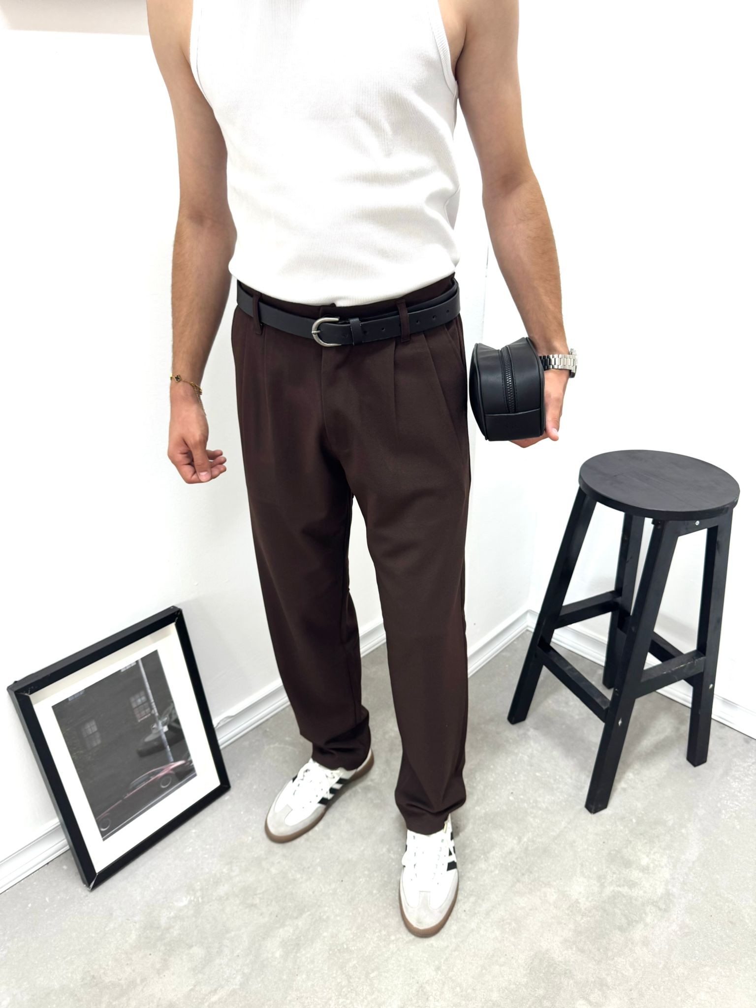 PİLELİ BAGGY KUMAŞ PANTOLON - KAHVERENGİ