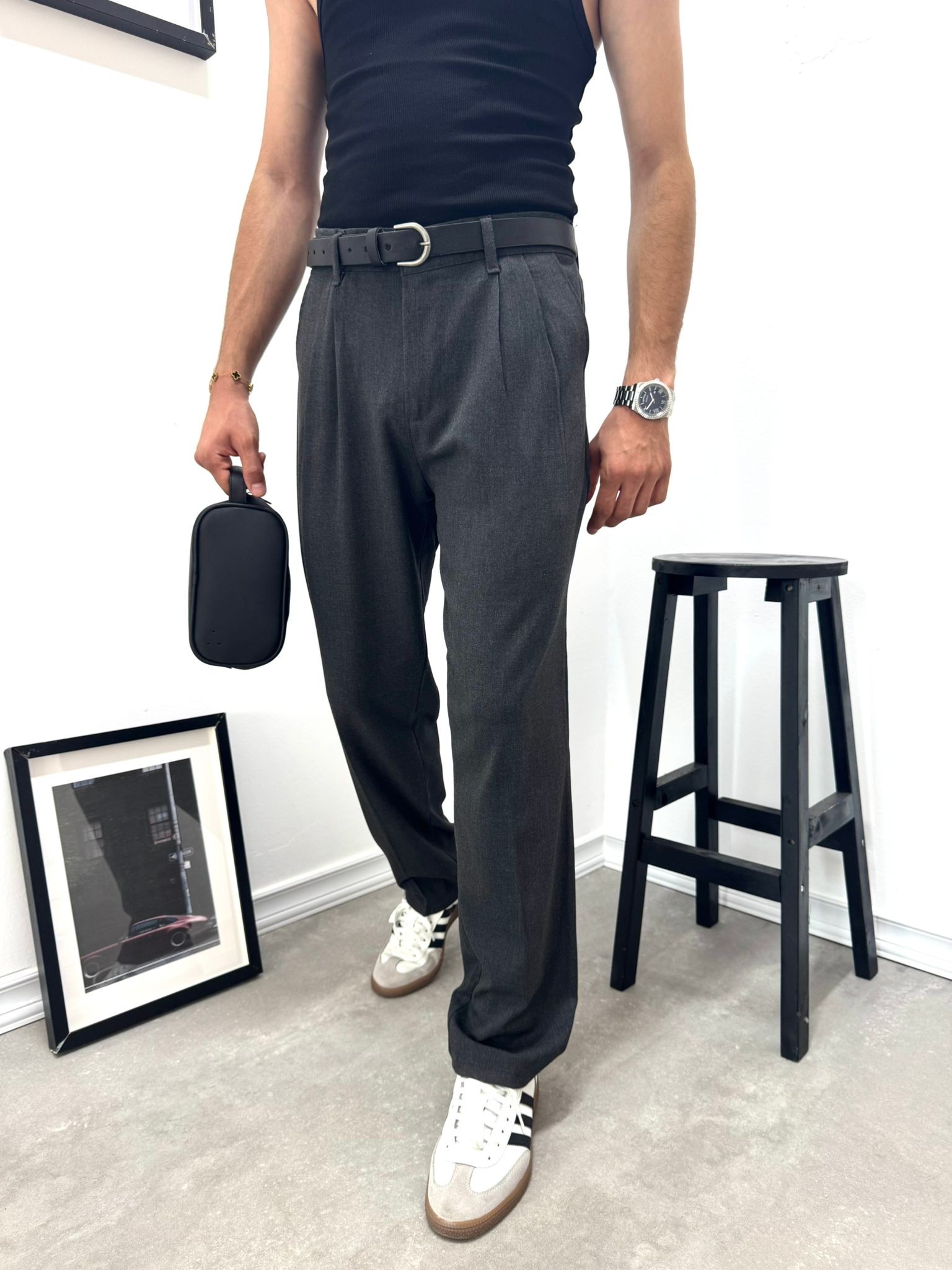 PİLELİ BAGGY KUMAŞ PANTOLON - ANTRASİT
