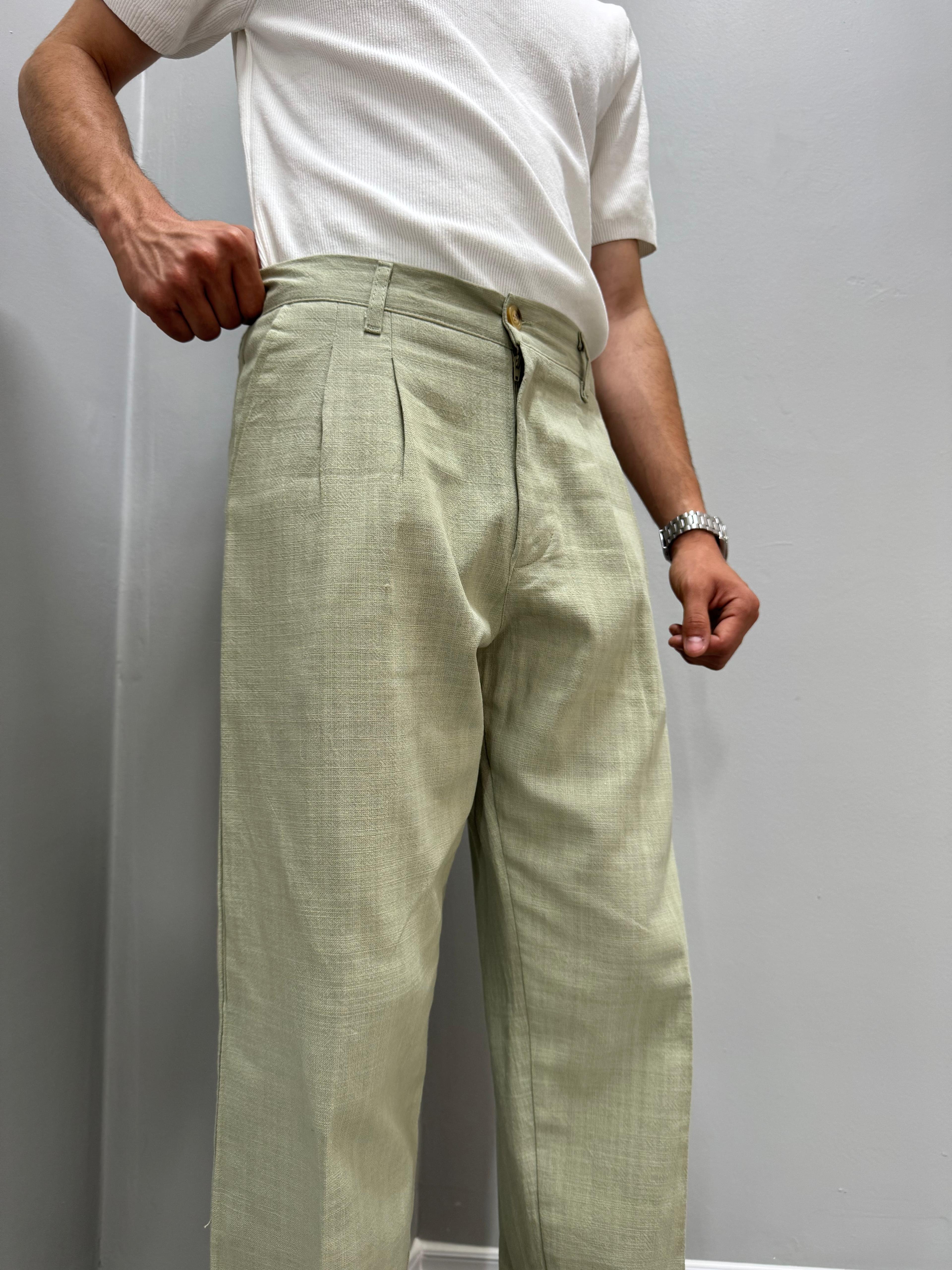 PİLELİ BAGGY KETEN PANTOLON - YEŞİL