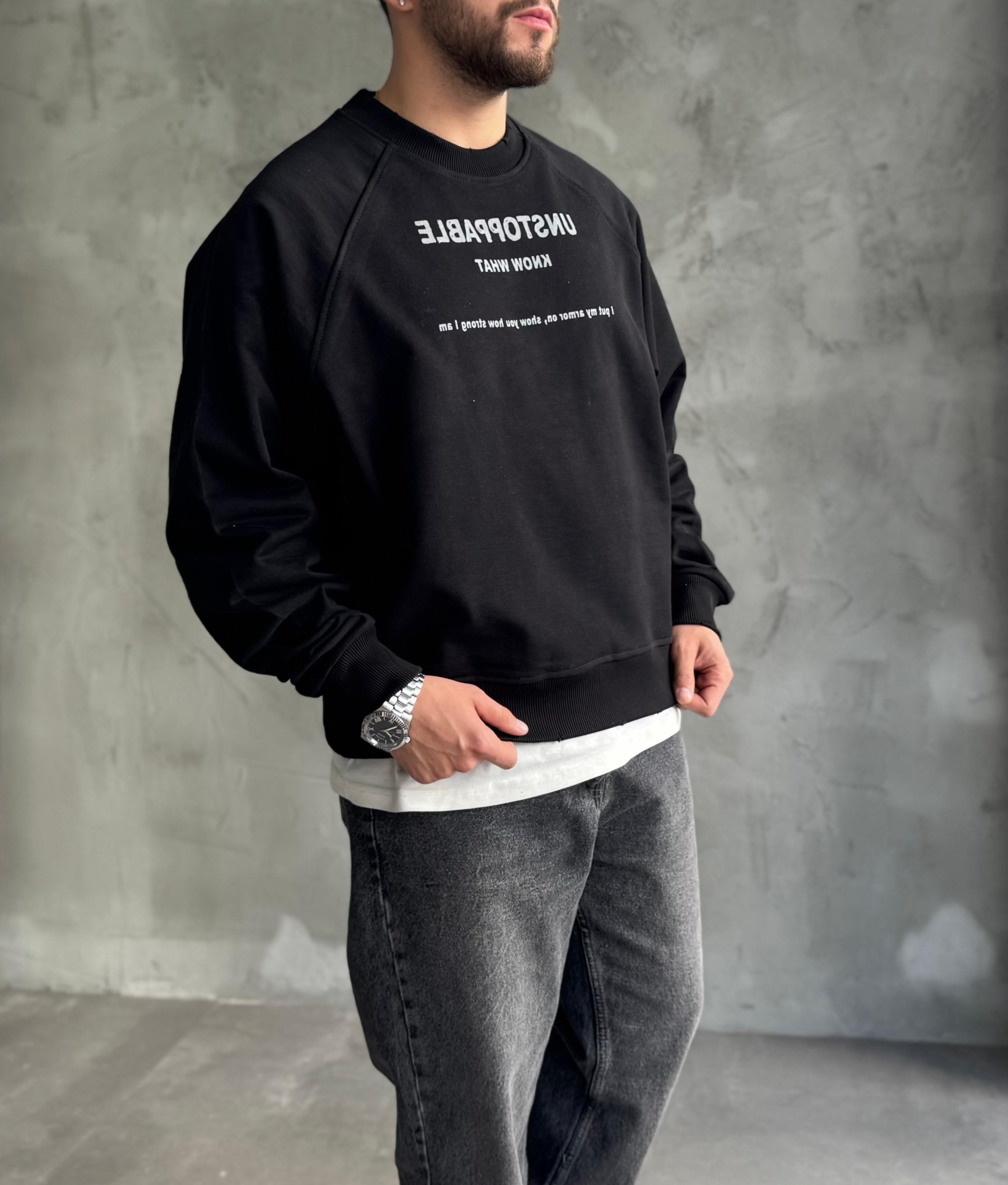 Siyah Unstoppable Baskılı Oversize Sweatshirt