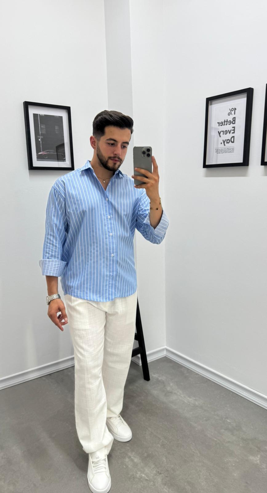 OVERSIZE ÇİZGİLİ GÖMLEK - BEBE MAVİ