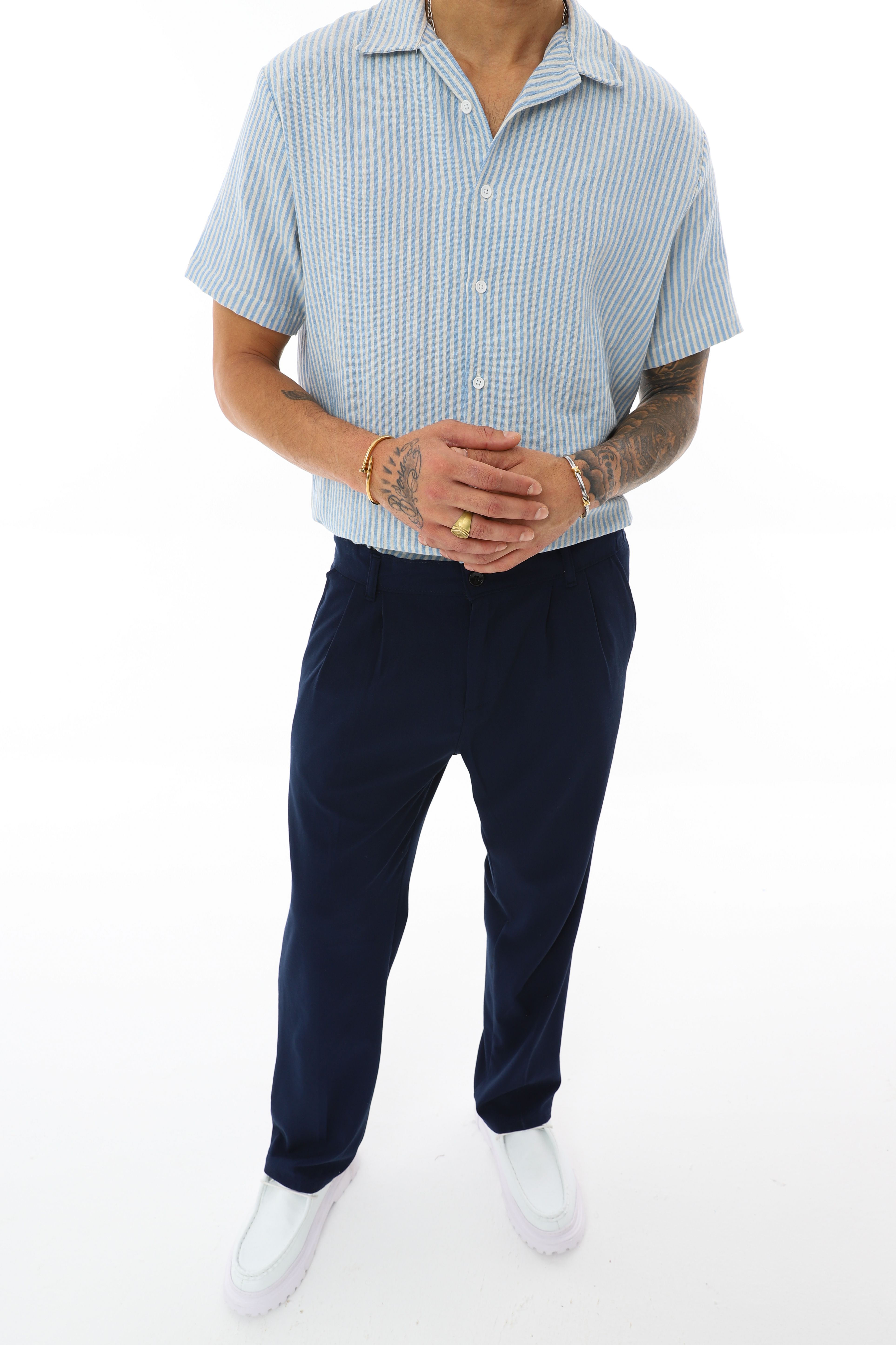 OVERSIZE KALIN ÇİZGİLİ KISA KOLLU GÖMLEK - MAVİ - BEYAZ