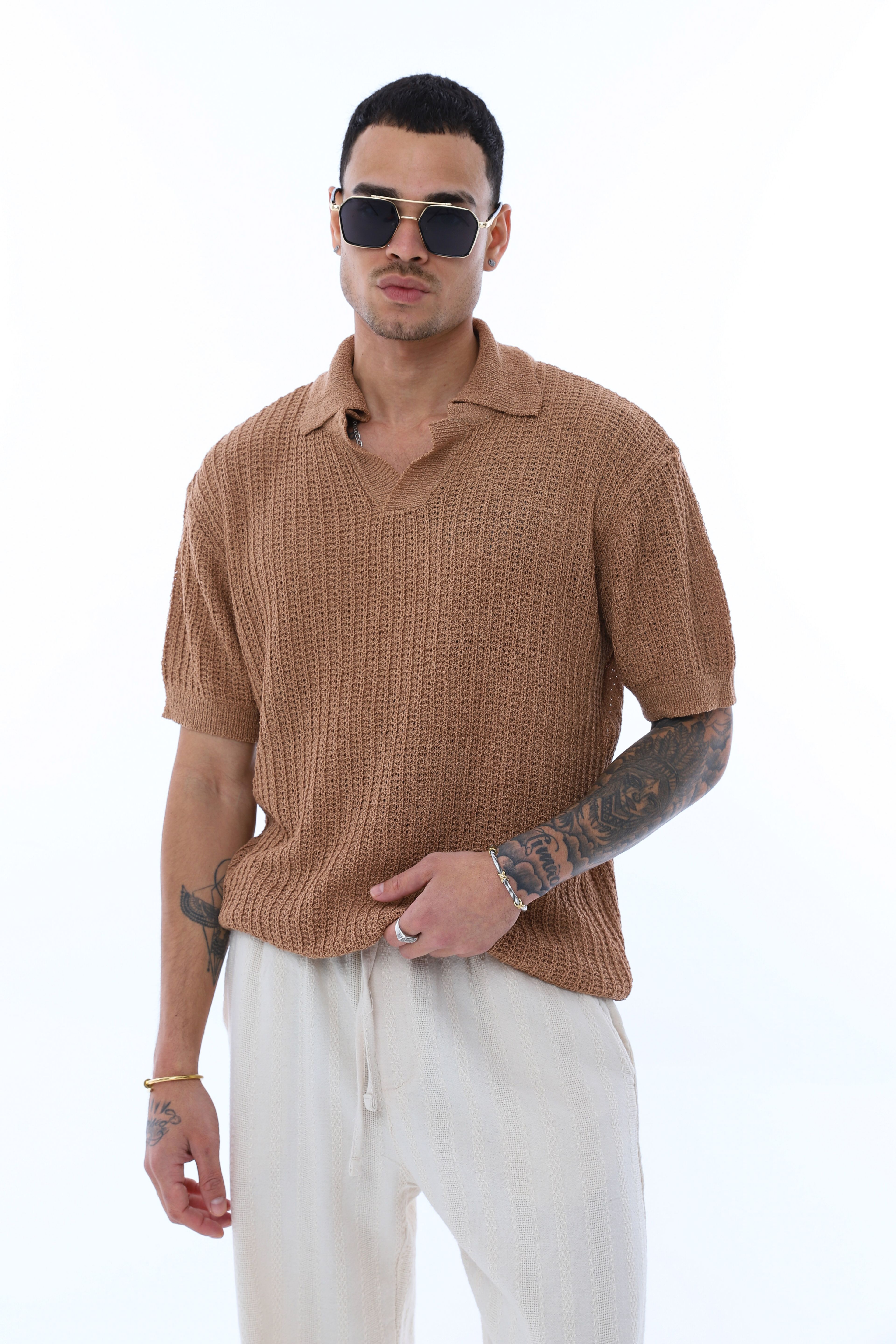 OVERSIZE POLO YAKA TRİKO T-SHIRT - KAHVERENGİ