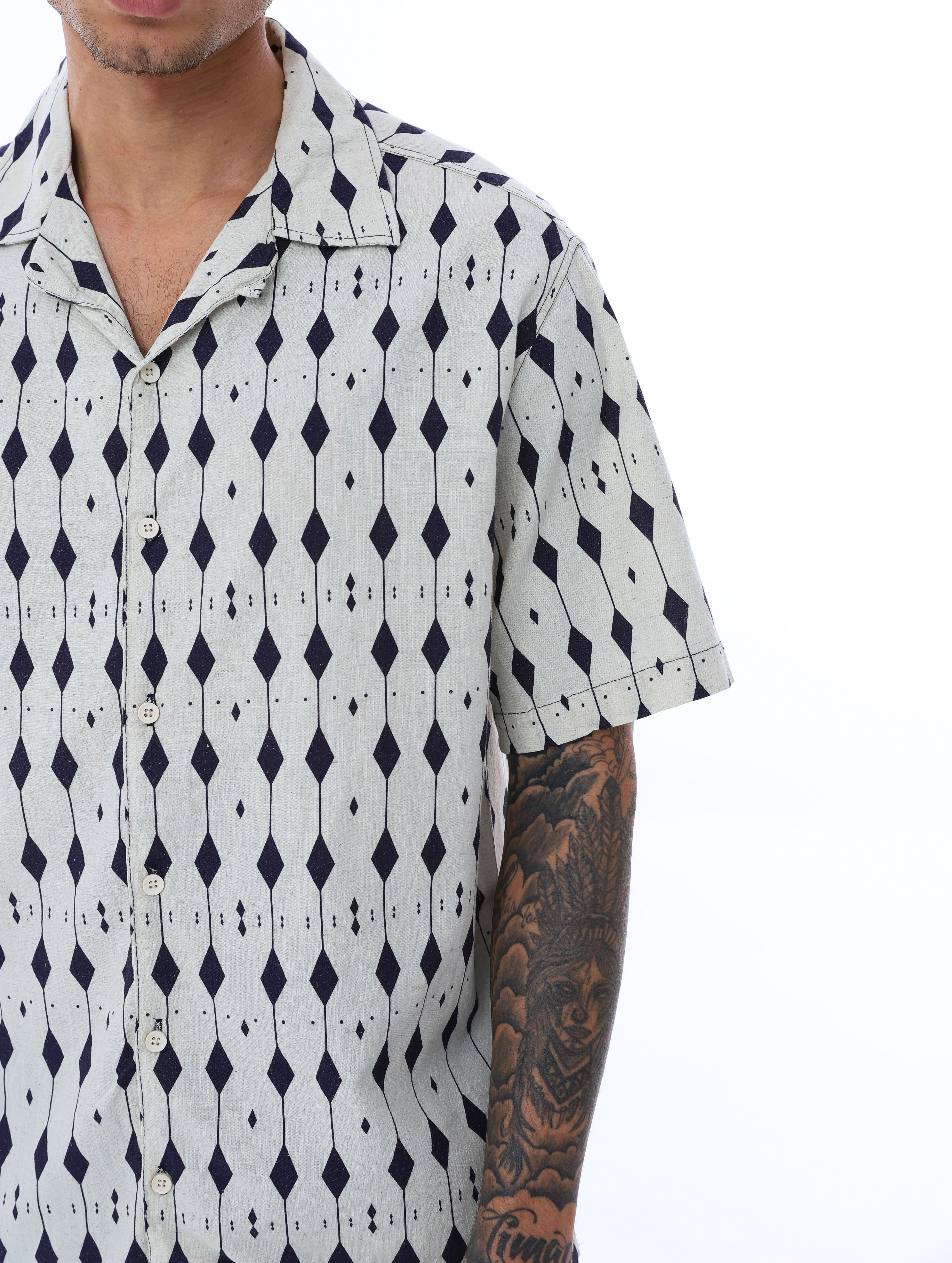 DESENLİ KISA KOLLU KETEN GÖMLEK - BEJ