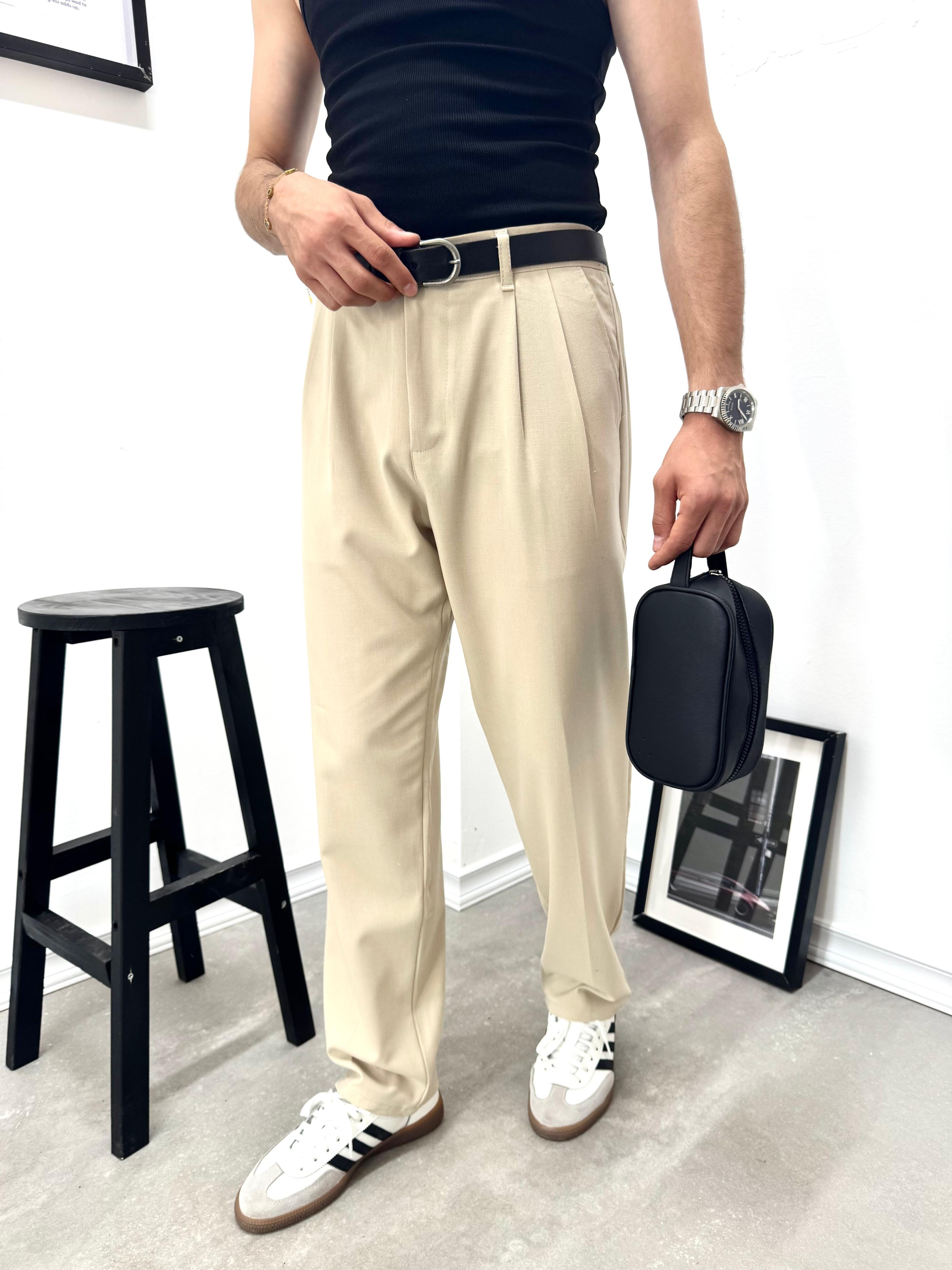 PİLELİ BAGGY KUMAŞ PANTOLON - BEJ