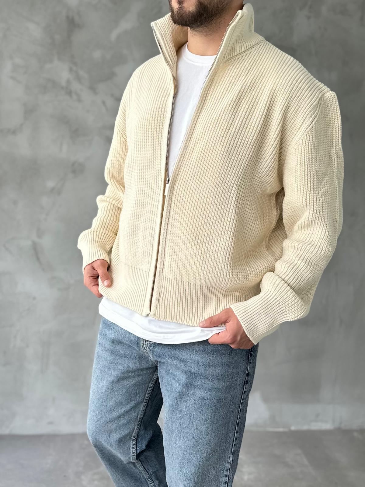 Ekru Tam Fermuarlı Oversize Örme Hırka