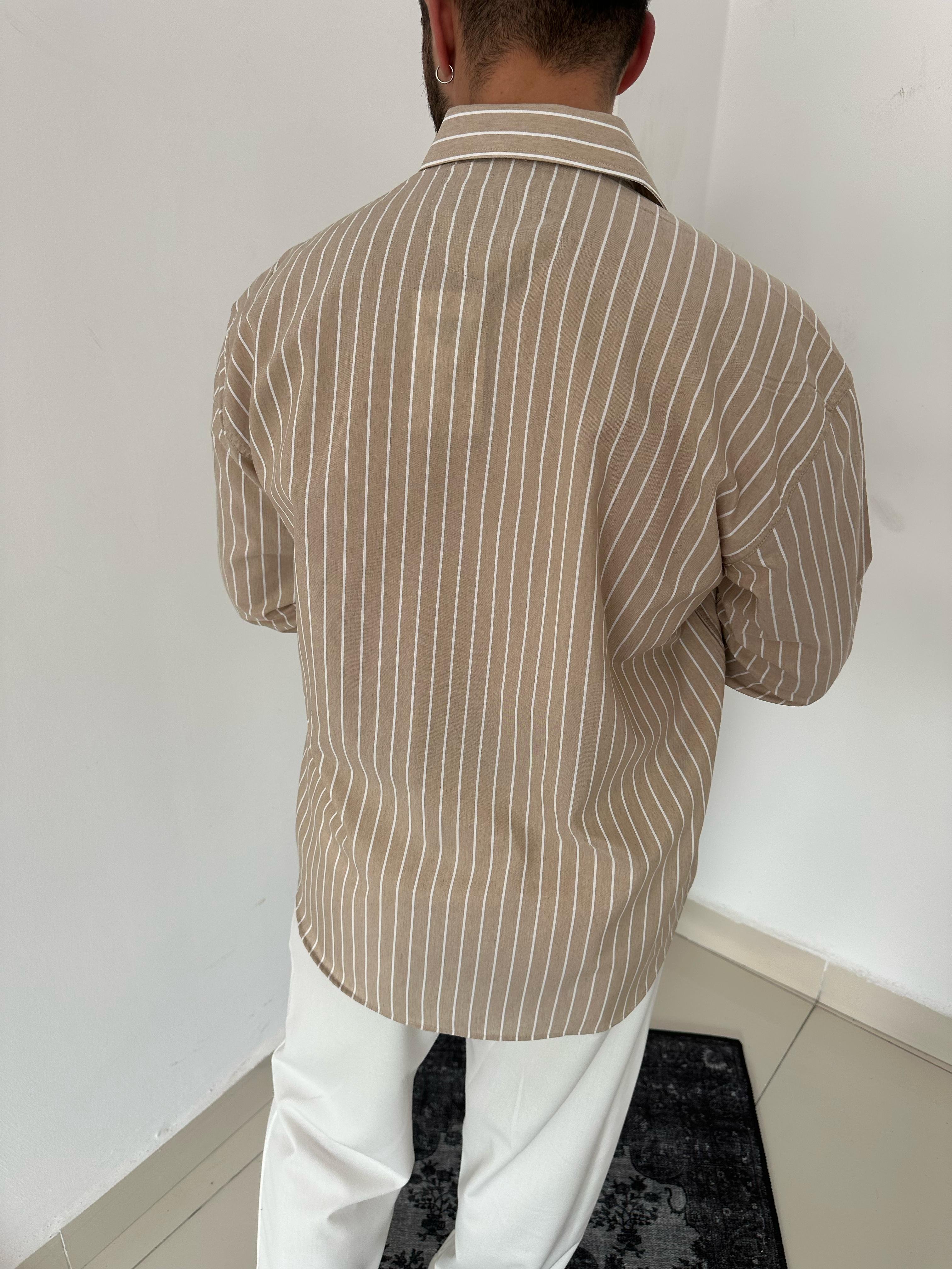 OVERSIZE ÇİZGİ DETAYLI GÖMLEK - BEJ