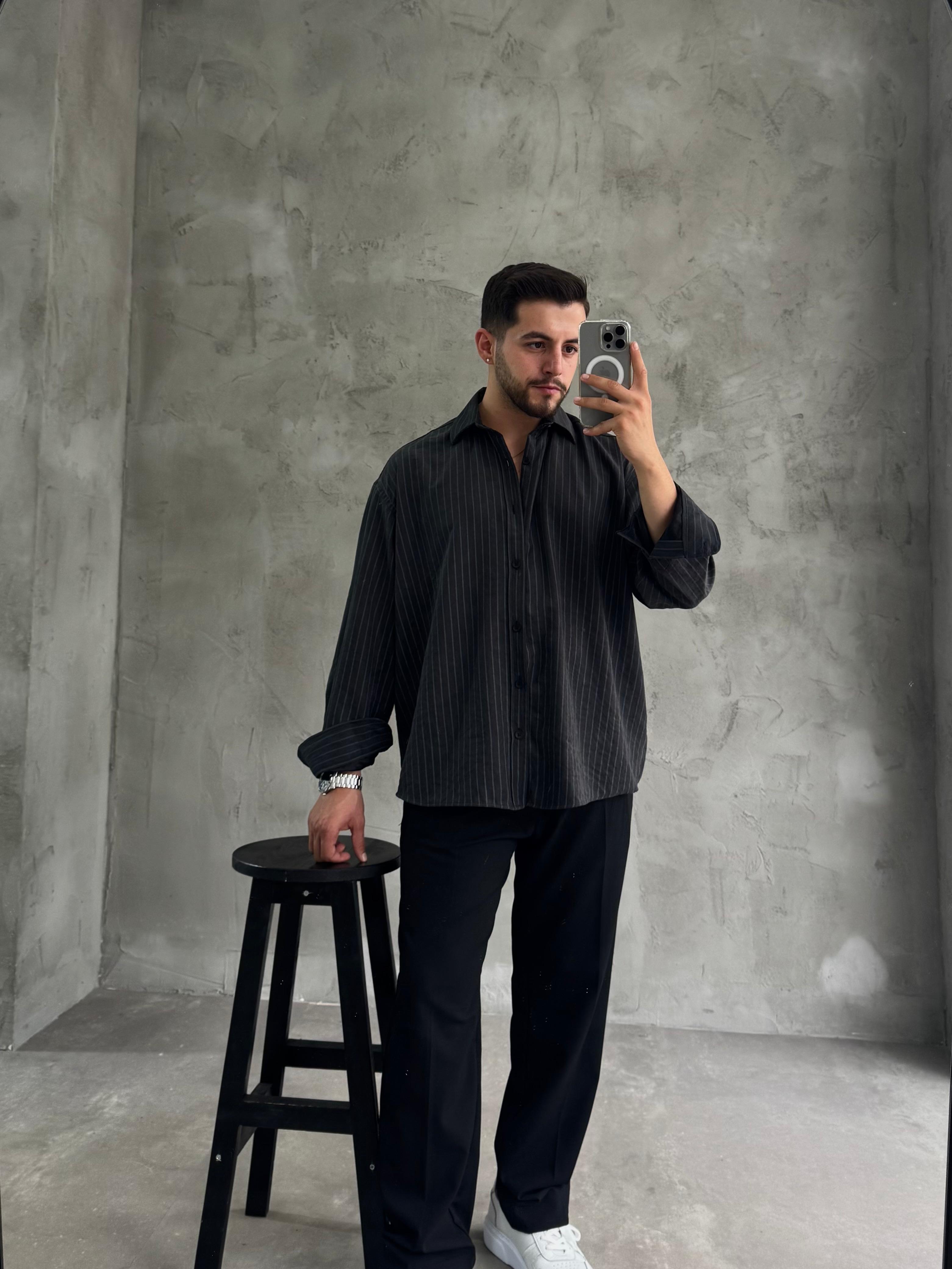 GG Siyah Kışlık Modal Kumaş Çizgili Gömlek