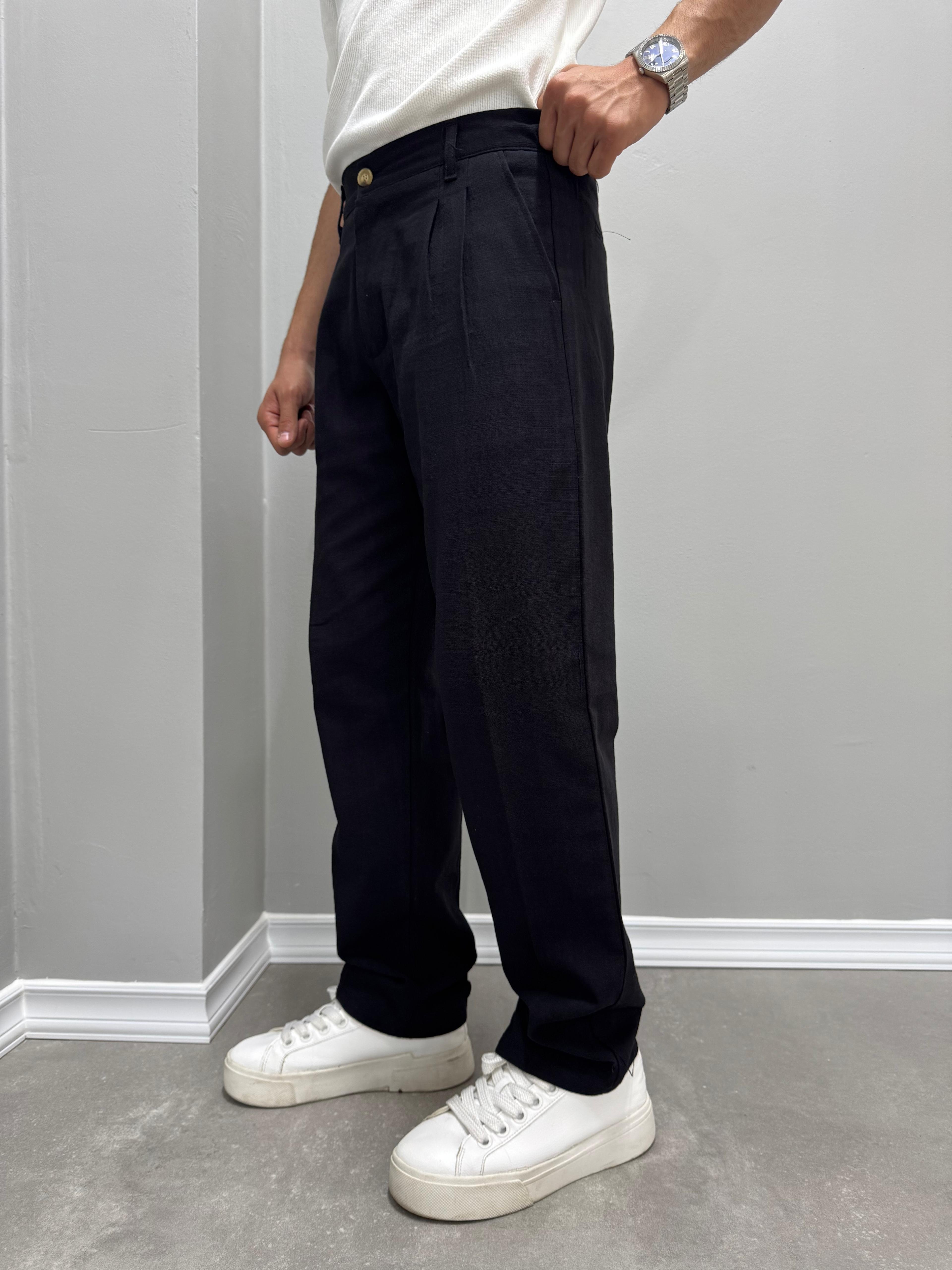 PİLELİ BAGGY KETEN PANTOLON - SİYAH