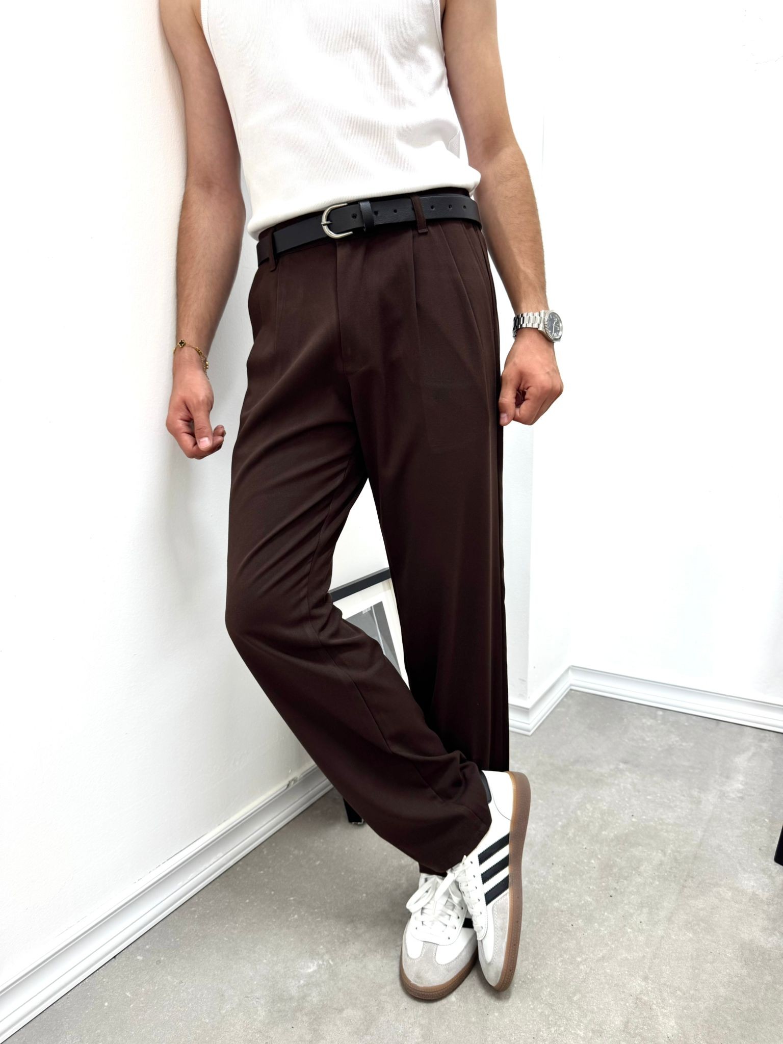 PİLELİ BAGGY KUMAŞ PANTOLON - KAHVERENGİ