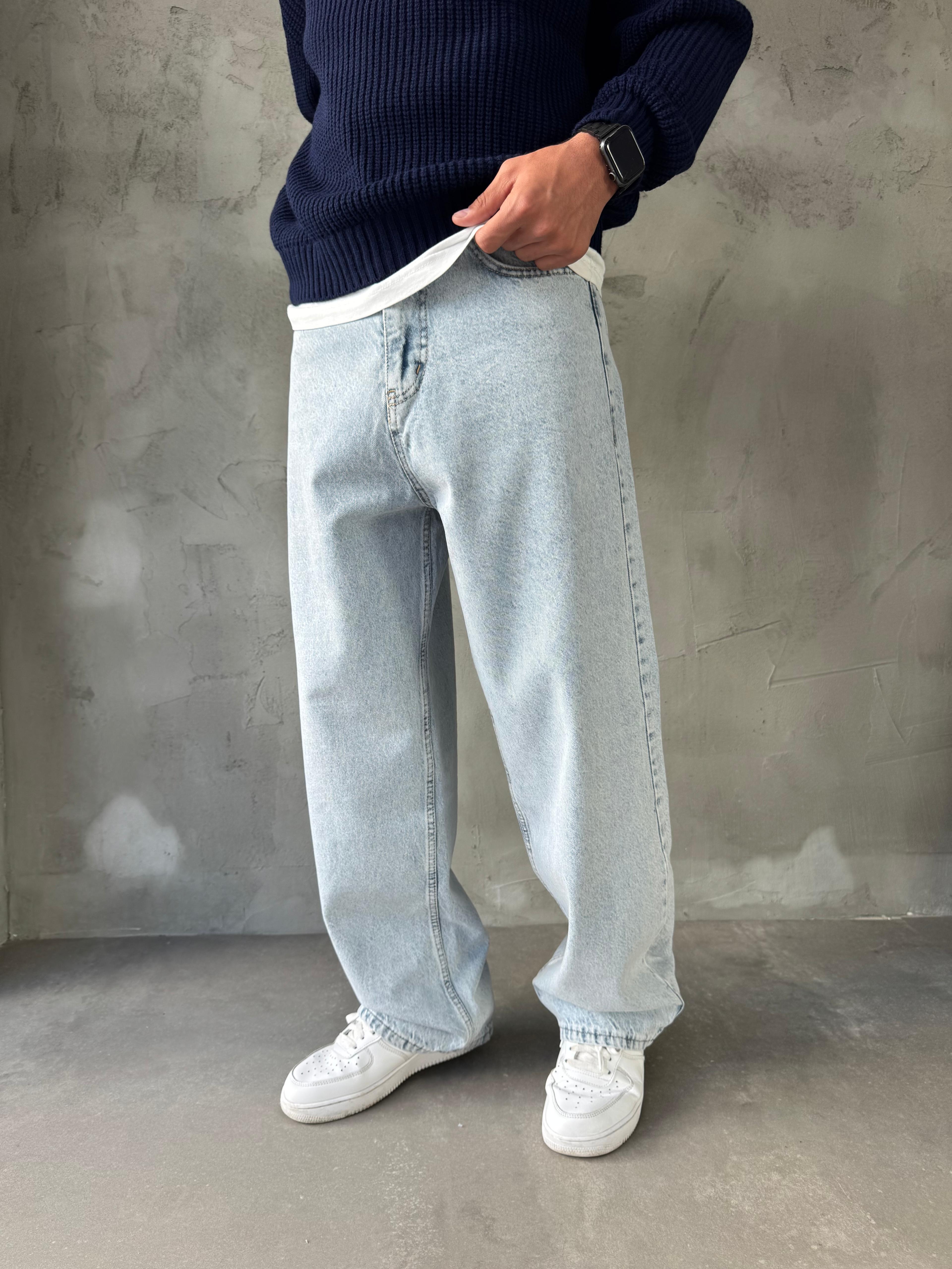 Buz Mavisi Yıkamalı Bol Kalıp Jean