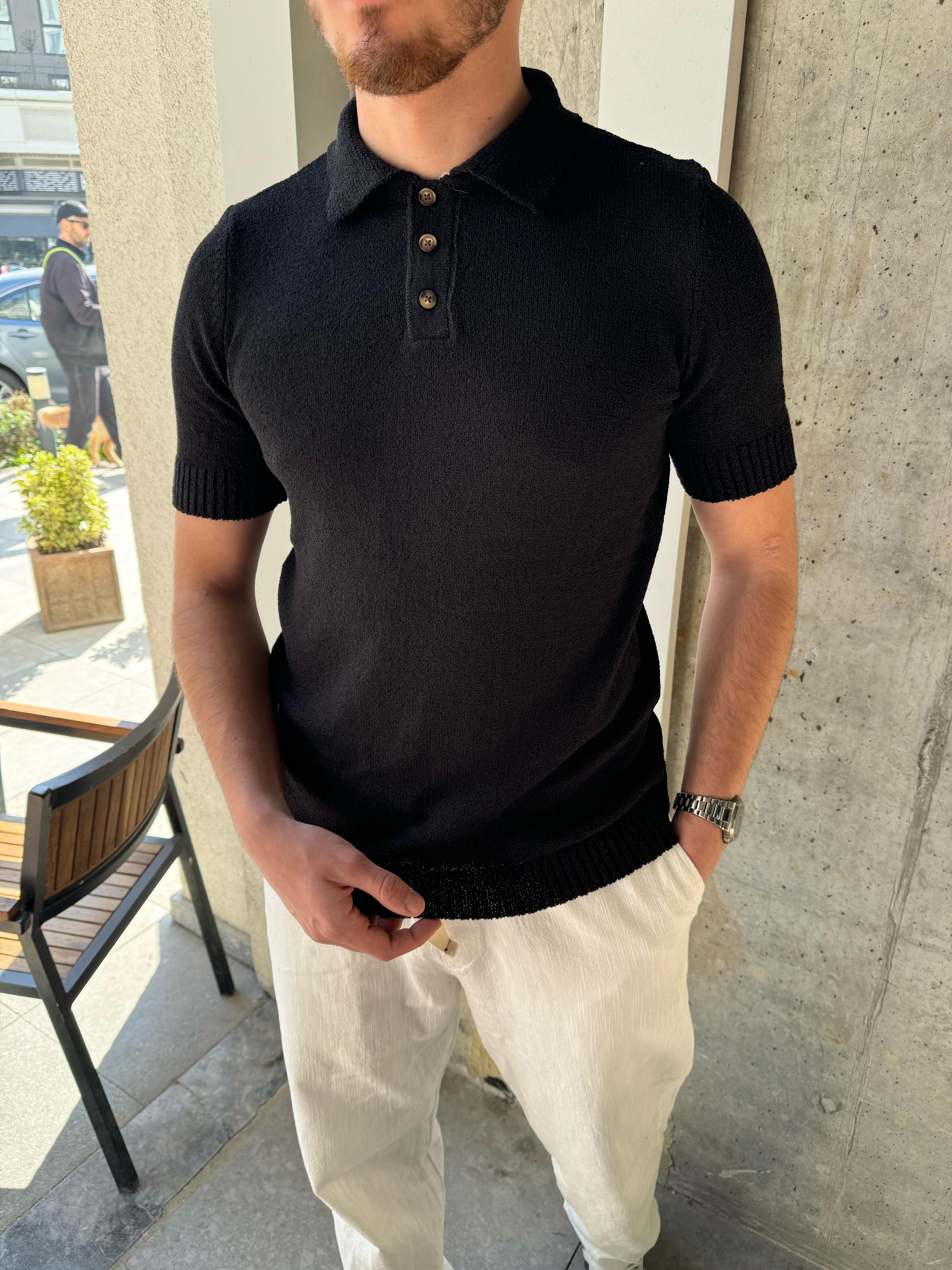 ÖRME KUMAŞ POLO YAKA TRİKO - SİYAH