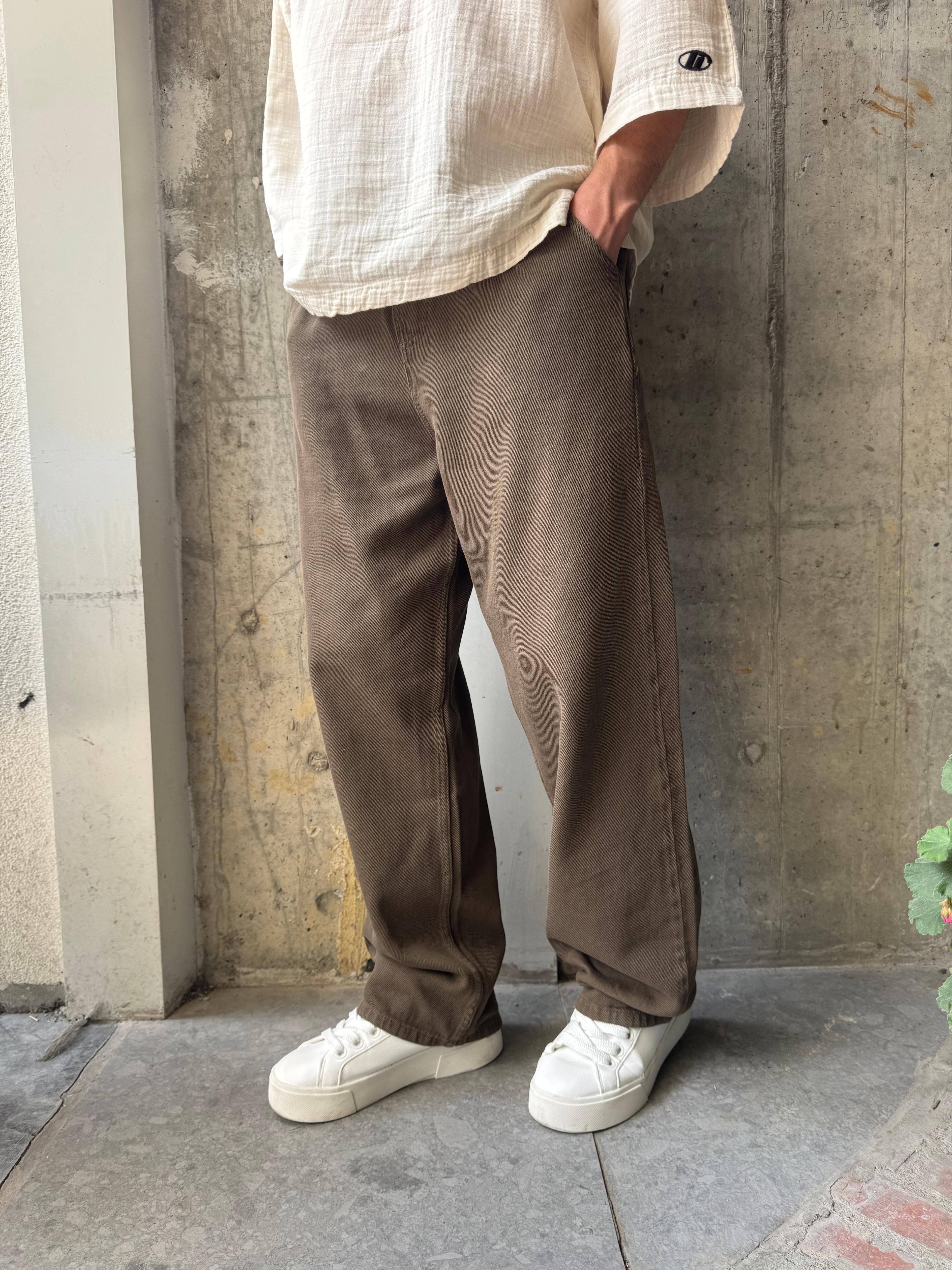 GABARDİN KUMAŞ BAGGY KALIP PANTOLON - KAHVERENGİ