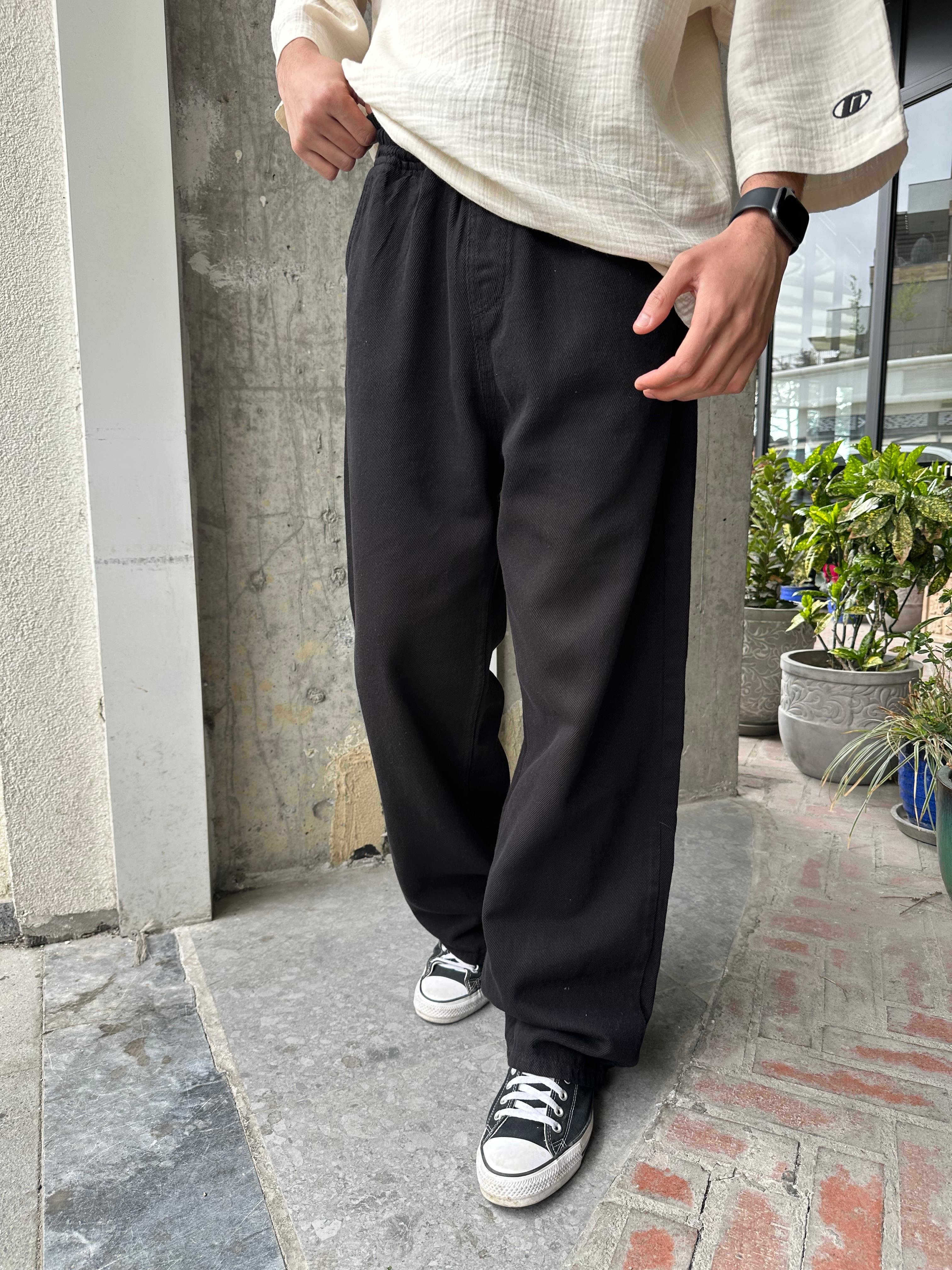 GABARDİN KUMAŞ BAGGY KALIP PANTOLON - SİYAH