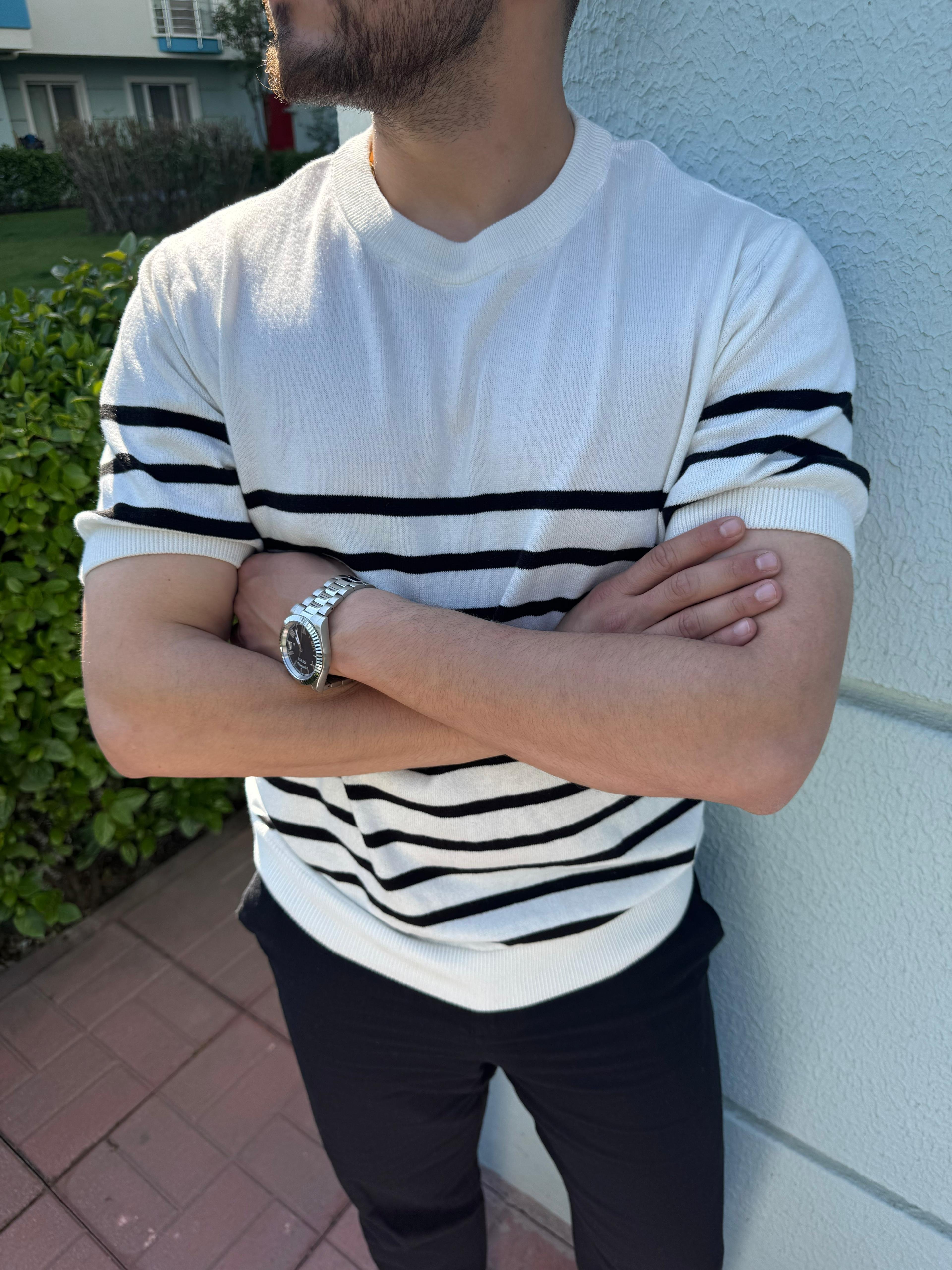 ÖRME ÇİZGİLİ TRİKO T-SHİRT - BEYAZ