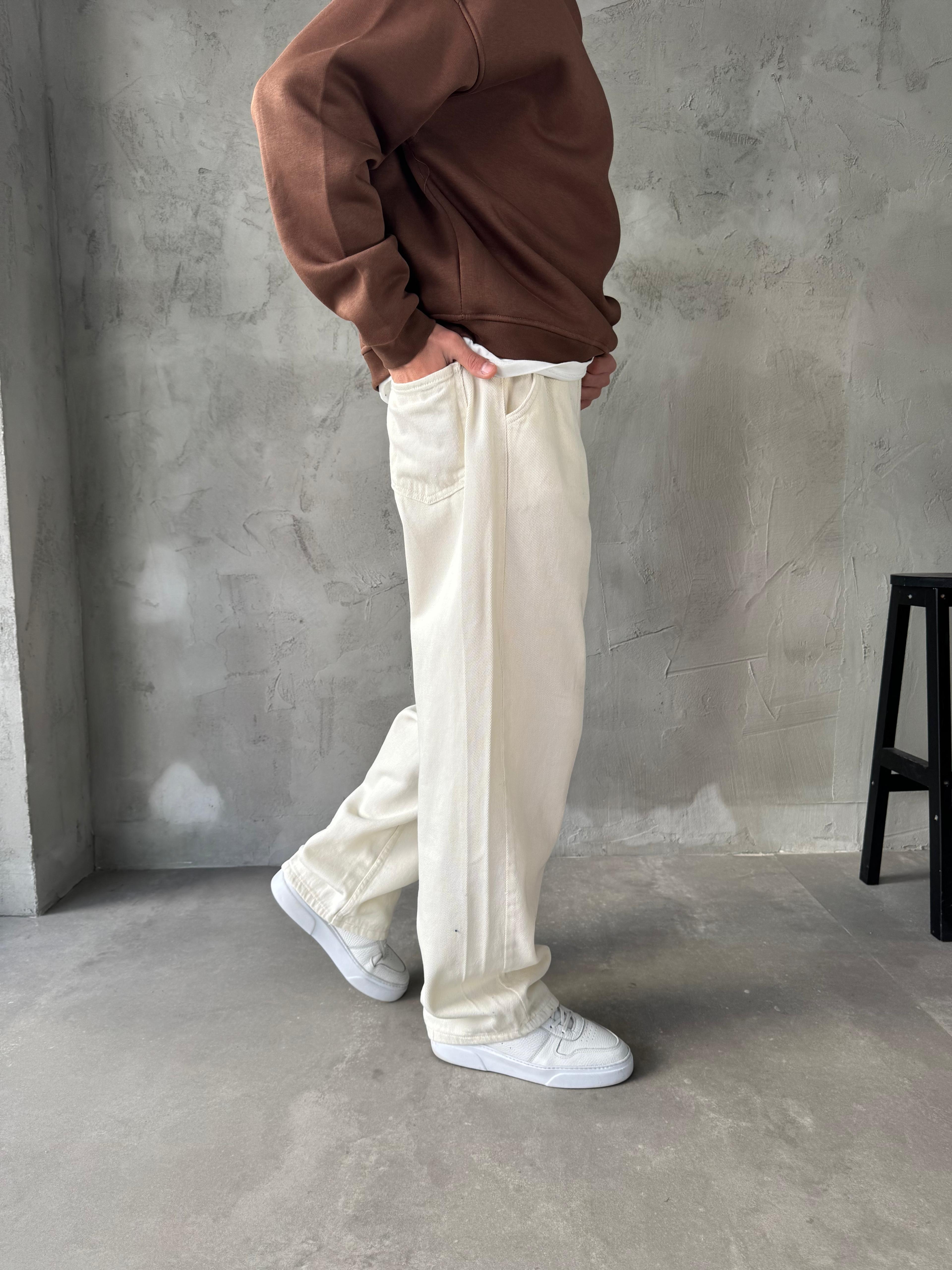 GABARDİN KUMAŞ BAGGY KALIP PANTOLON - BEYAZ