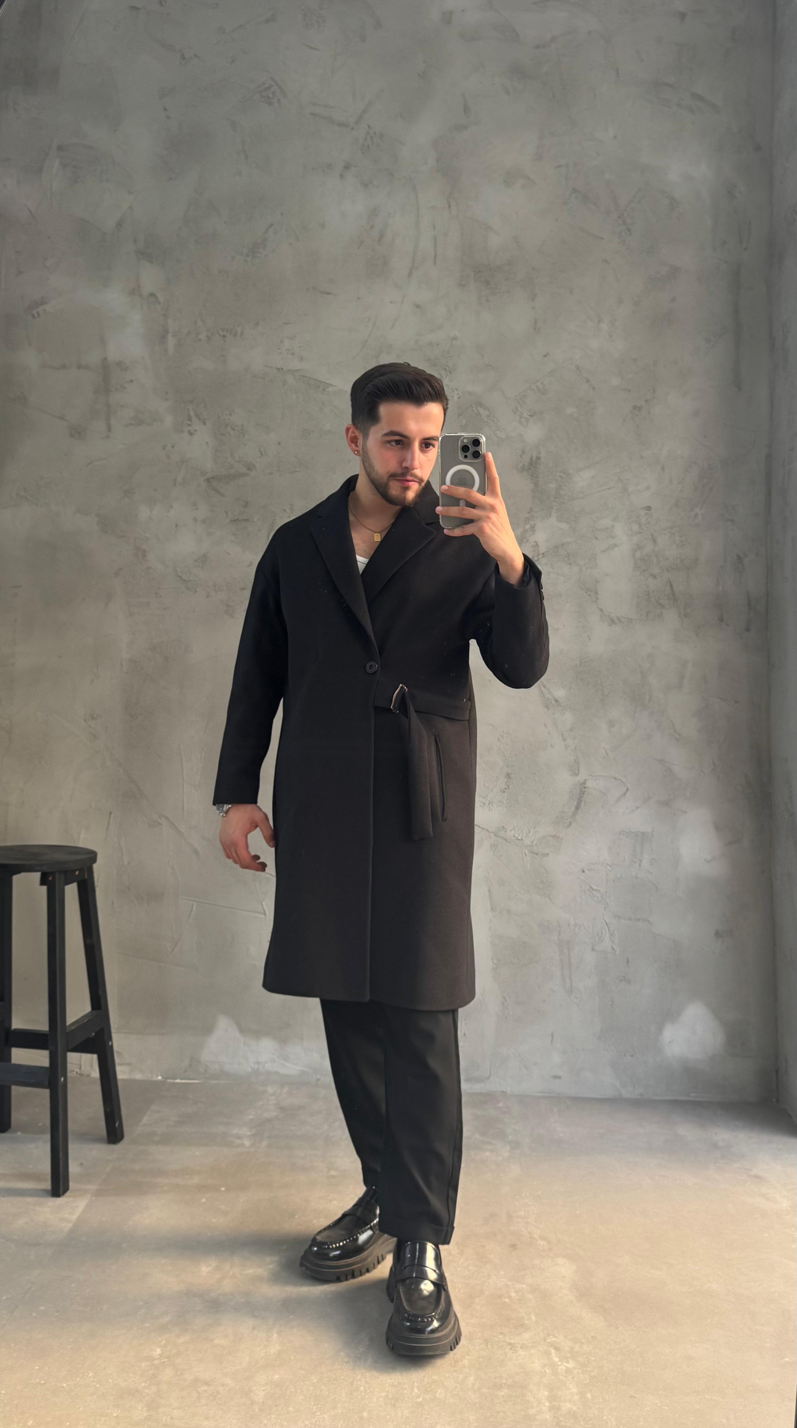 Siyah Premium Kemerli Kaban