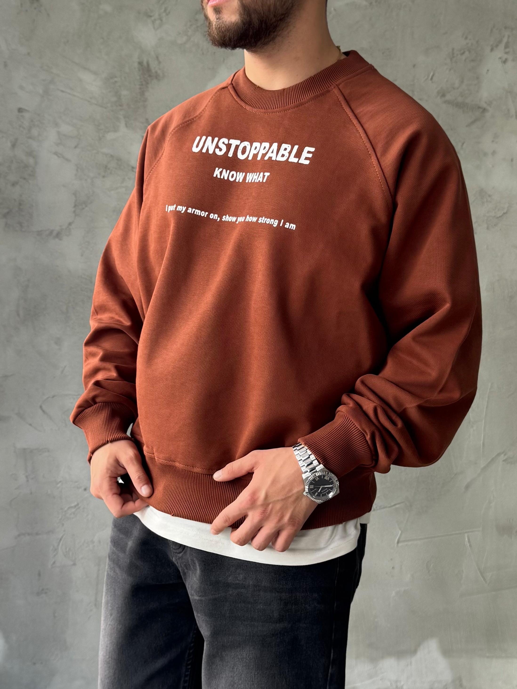 Kahve Unstoppable Baskılı Oversize Sweatshirt