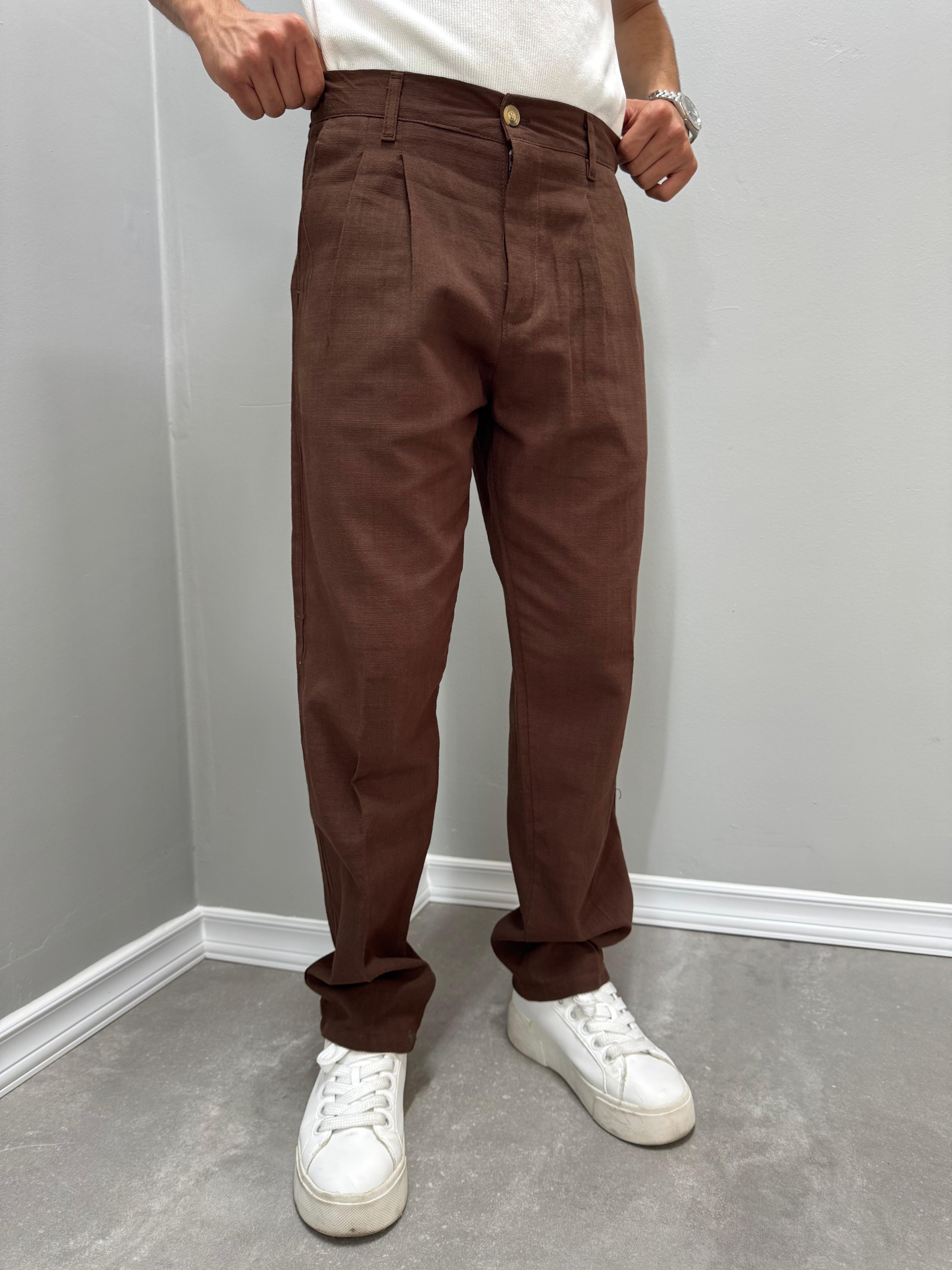 PİLELİ BAGGY KETEN PANTOLON - KAHVE