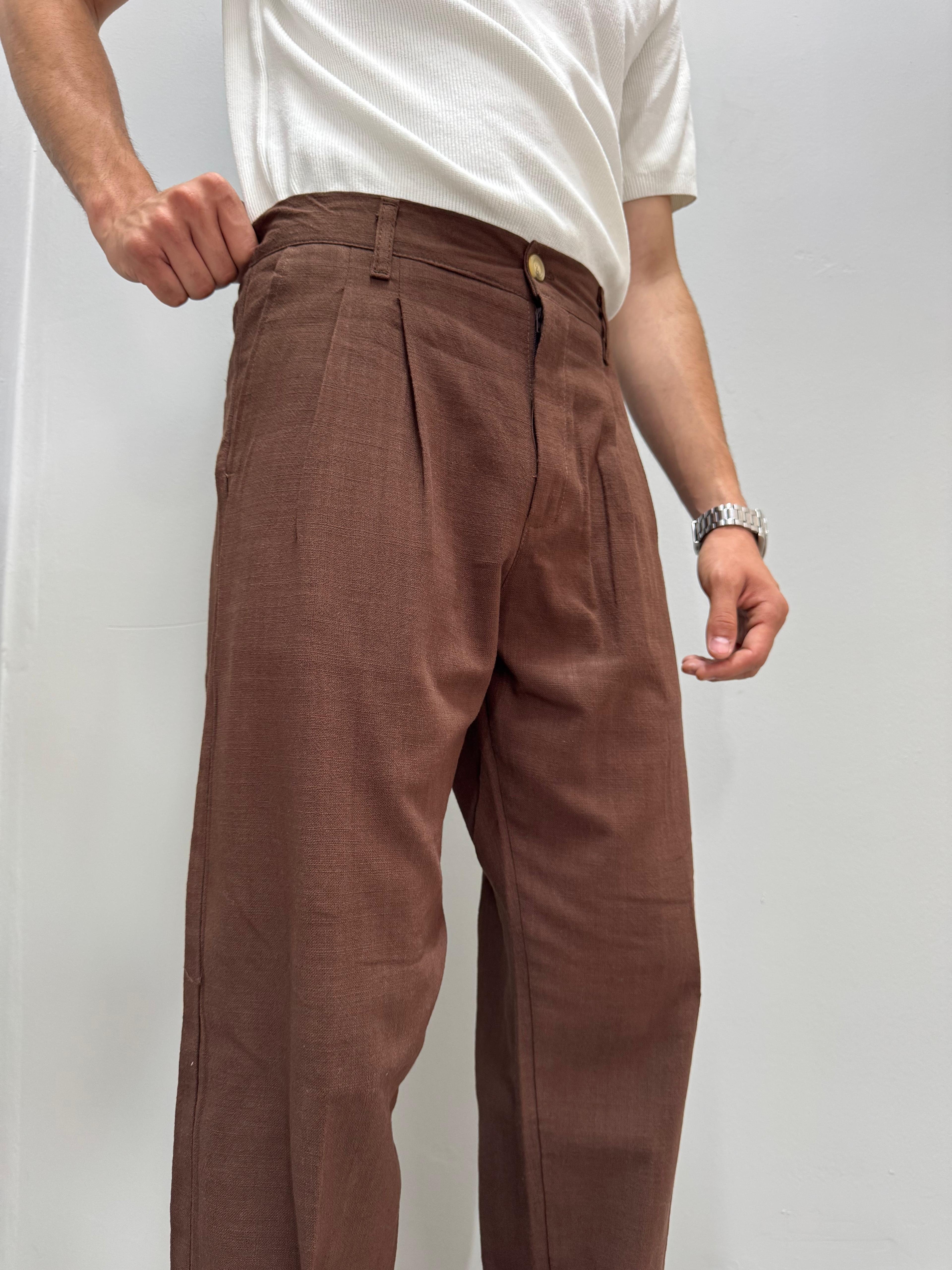 PİLELİ BAGGY KETEN PANTOLON - KAHVE