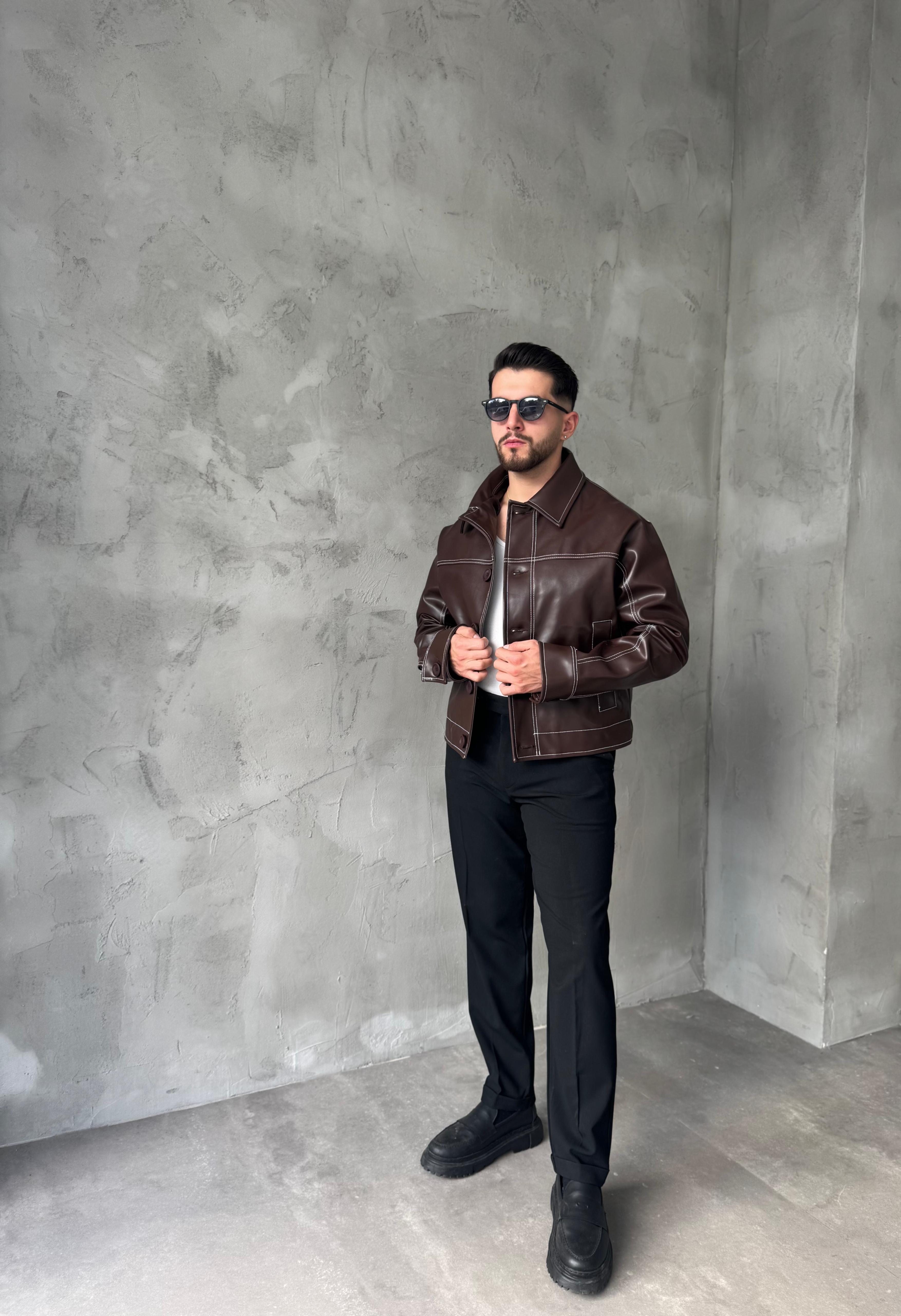 Kahverengi Dikiş Detaylı Giesto Deri Ceket