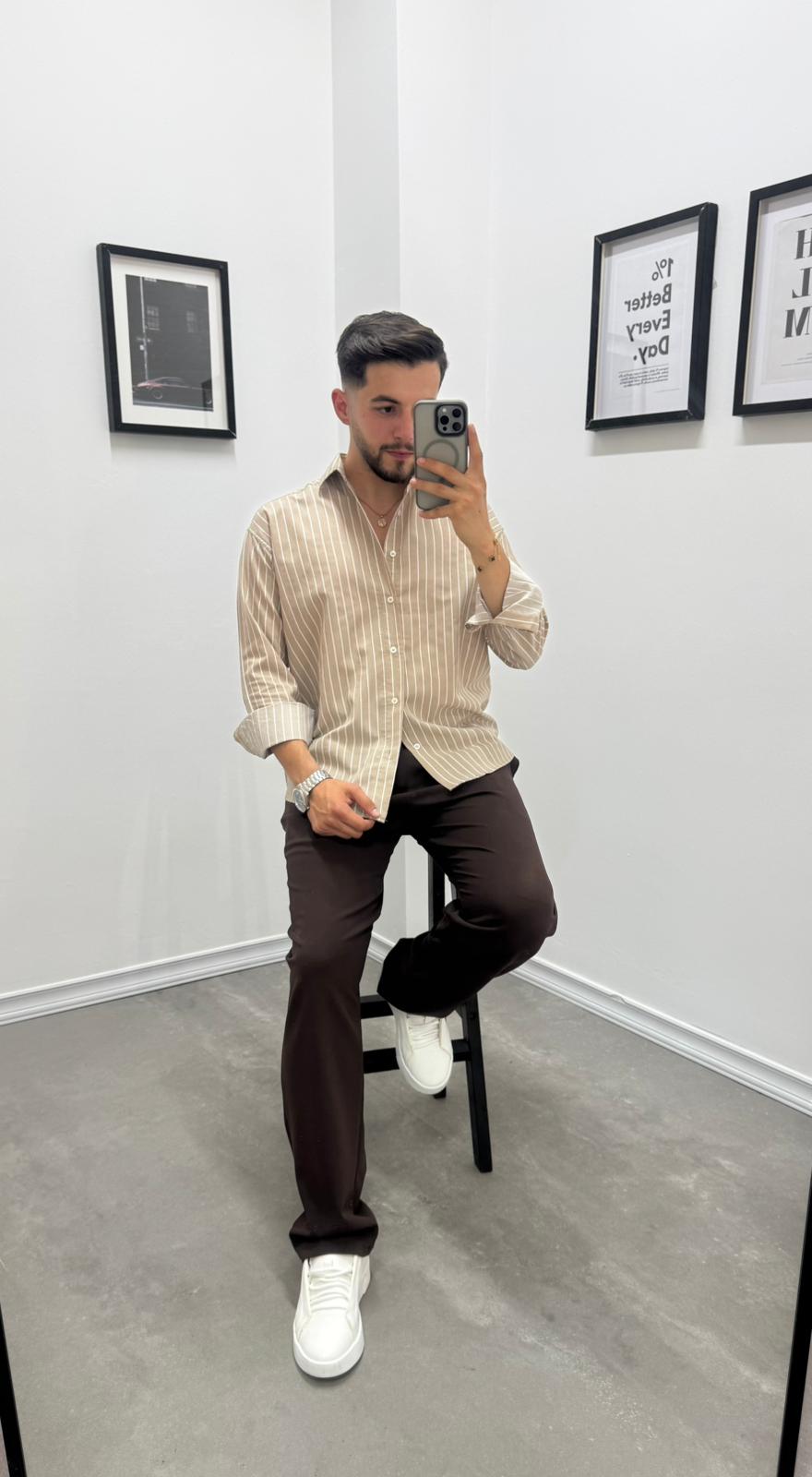 OVERSIZE ÇİZGİLİ GÖMLEK - BEJ