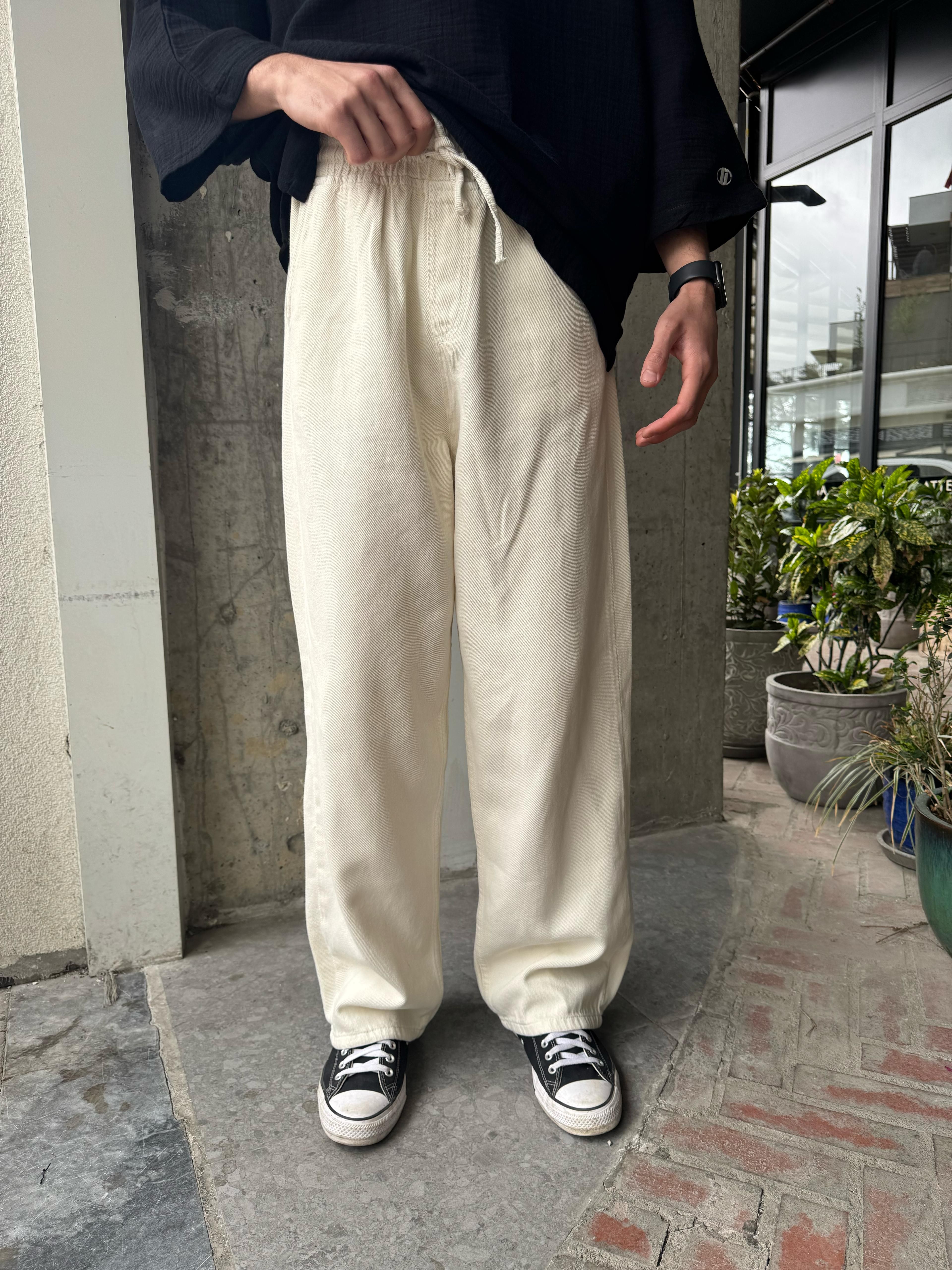 GABARDİN KUMAŞ BAGGY KALIP PANTOLON - BEYAZ