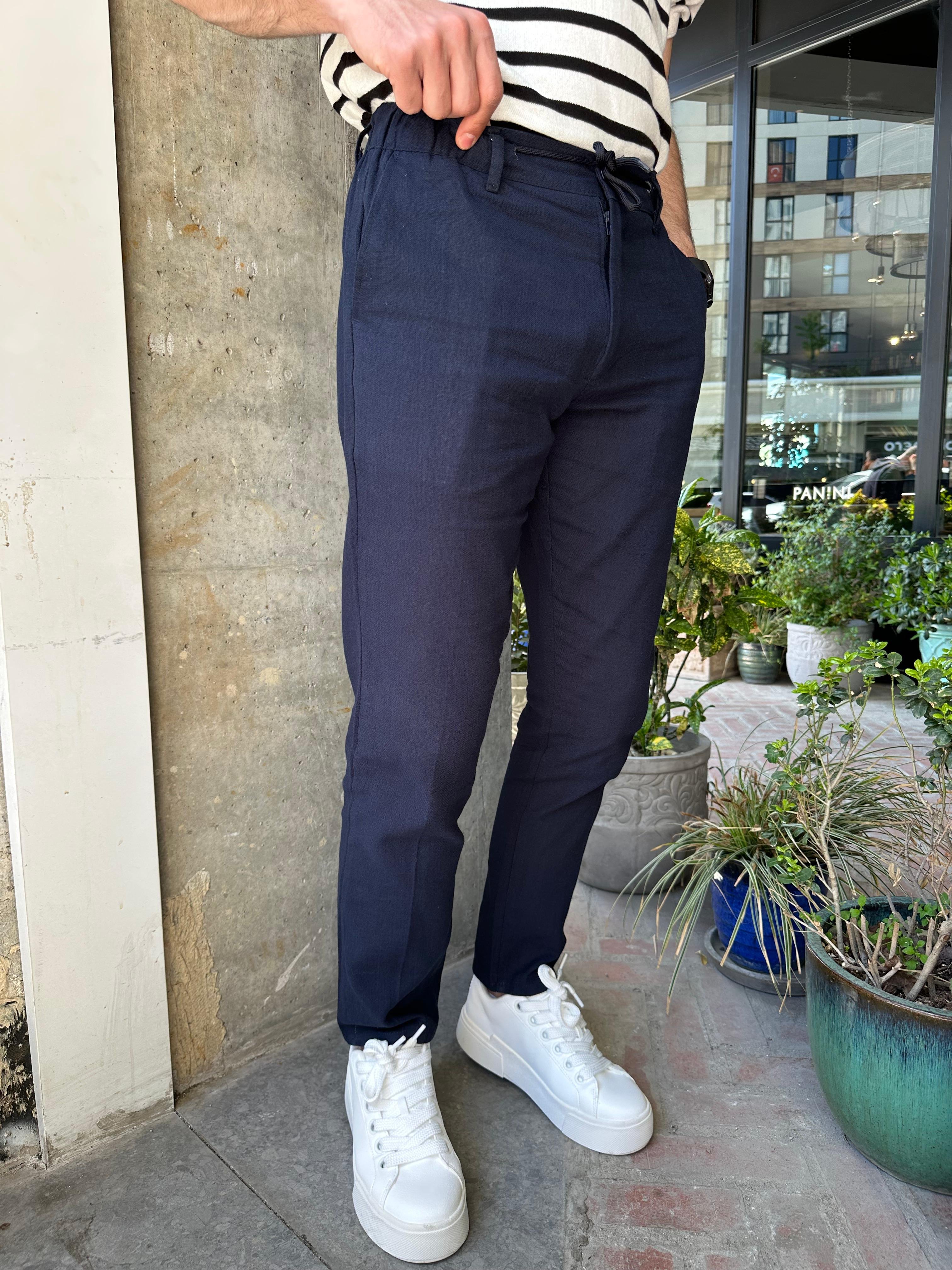 BELİ İPLİ REGULAR KALIP KETEN PANTOLON - LACİVERT