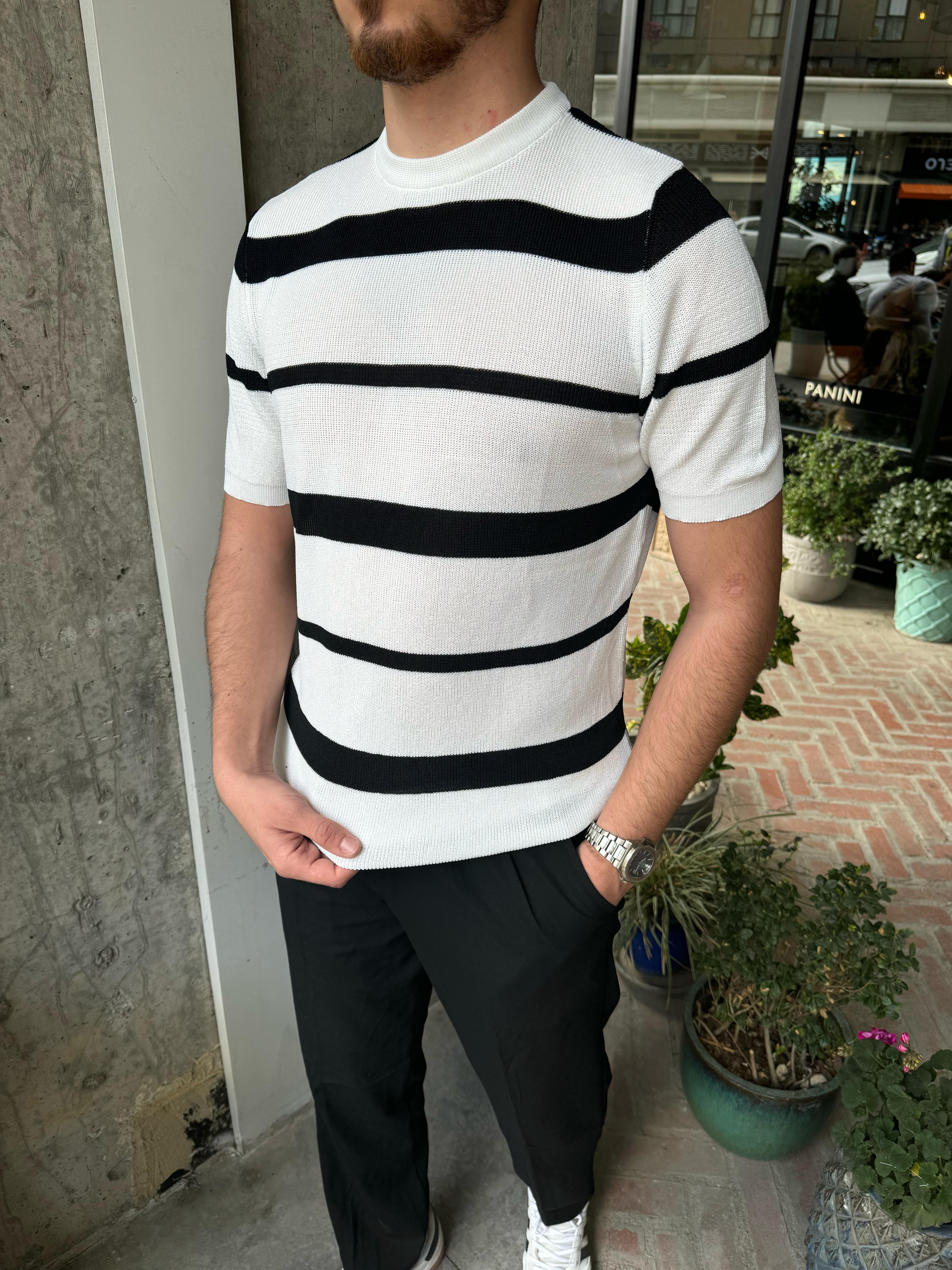 ÇİZGİLİ BİSİKLET YAKA TRİKO T-SHİRT - BEYAZ