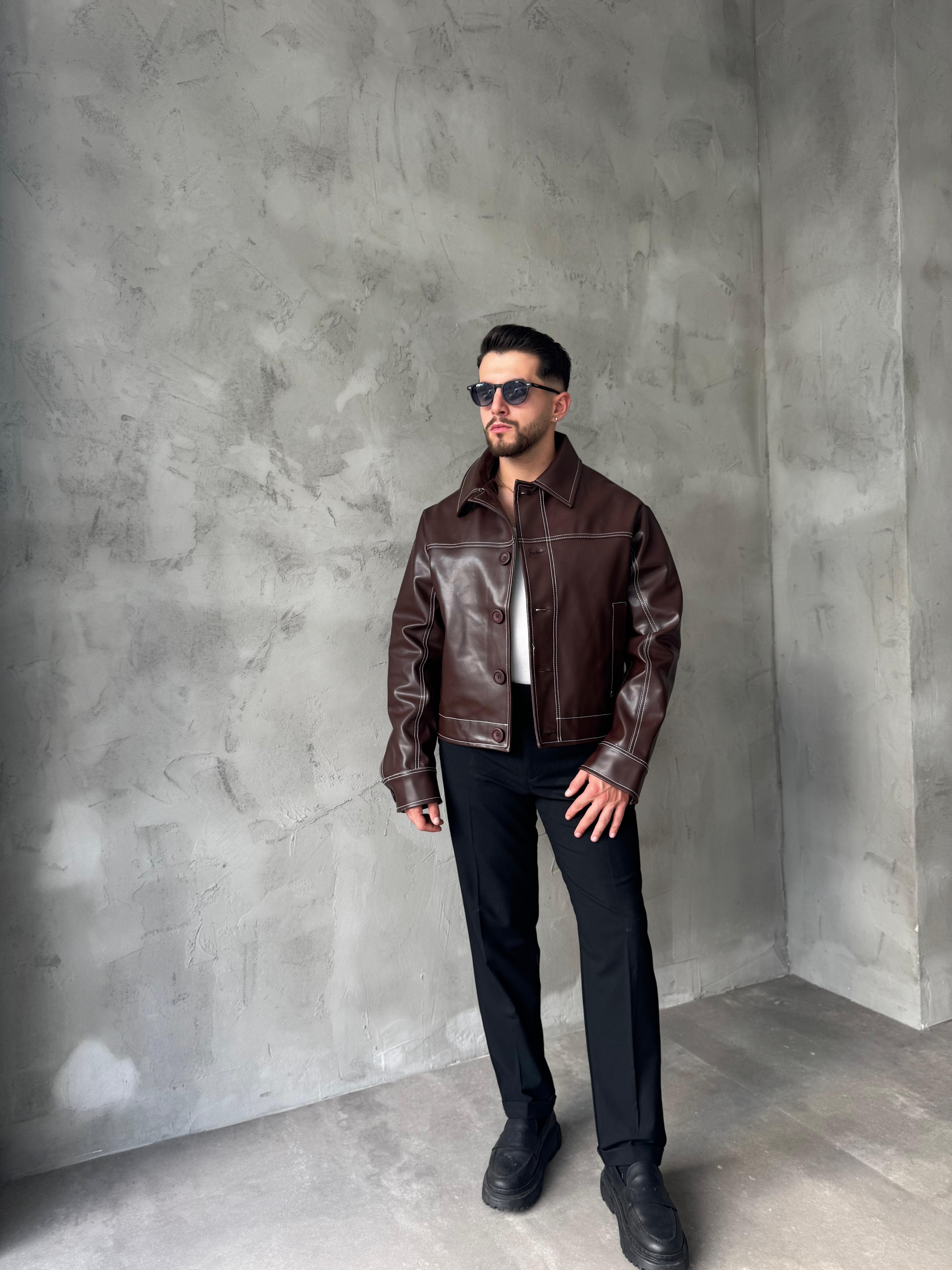 Kahverengi Dikiş Detaylı Giesto Deri Ceket