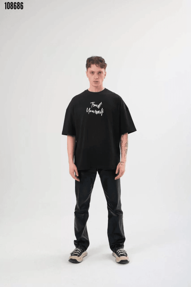 Unisex Bisiklet Yaka Baskılı Oversize T-Shirt - Siyah