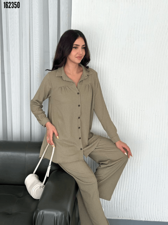 Yakalı Düğmeli Uzun Kollu Gömlek Pantolon ikili Takım