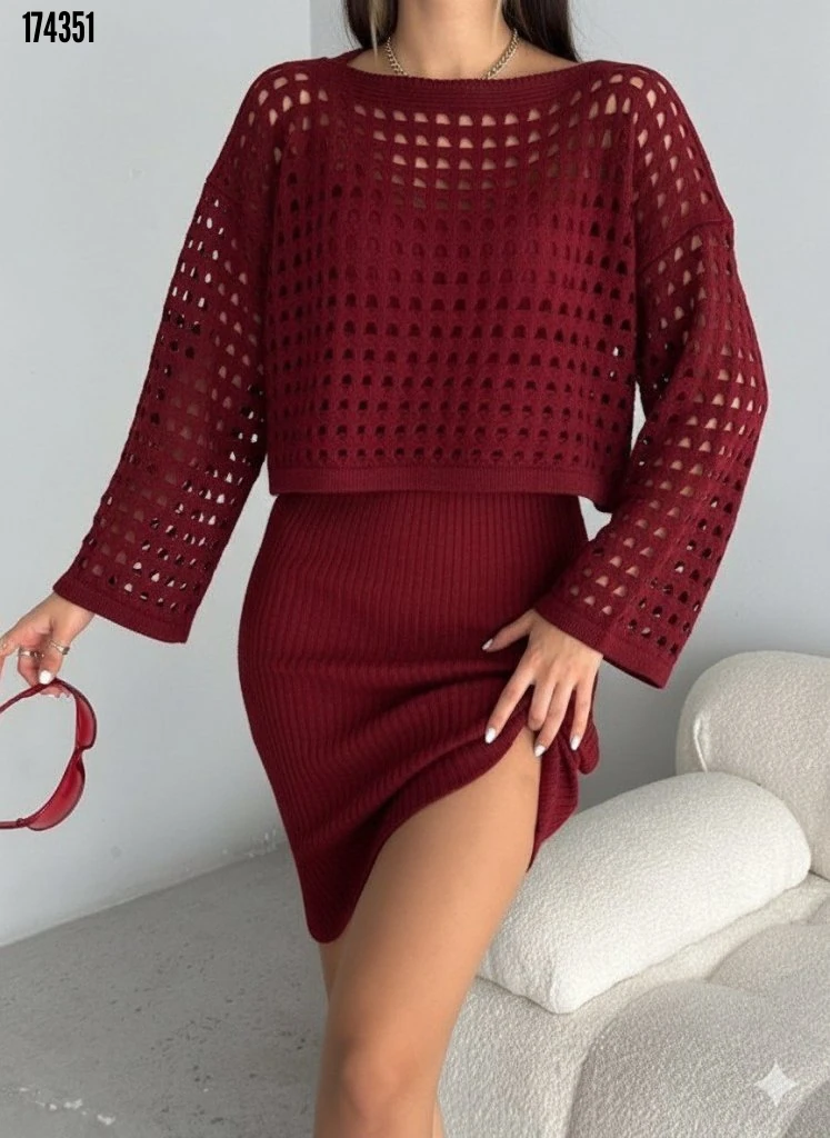 Kadın Uzun Kollu Delikli Kazak Askılı Elbise Triko İkili Takım