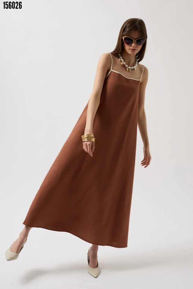 Şerit Detay Keten Maxi Elbise