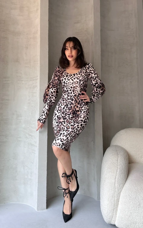 Leopar Desenli Midi Boy Elbise