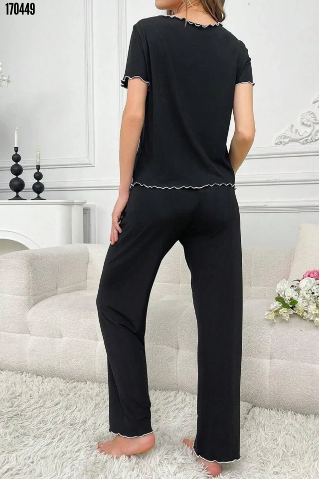 Siyah Bisiklet Yaka Pamuklu Pijama Takımı