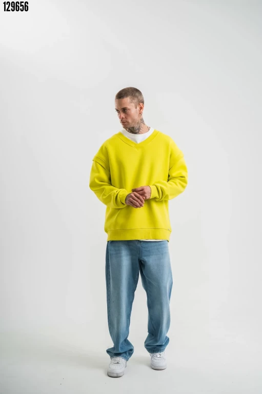Geniş V yaka Kol Ribana Detaylı SweatShirt - Sarı