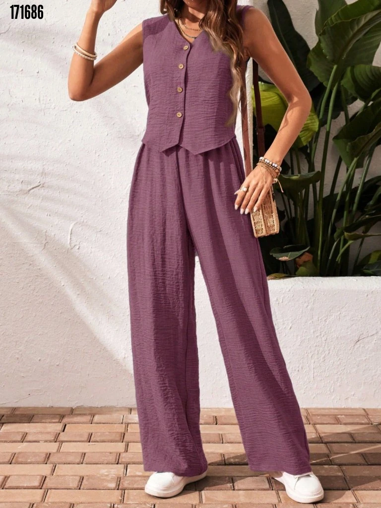 Kadın Düğmeli Yelek ve Pantolon Bürümcük İkili Takım