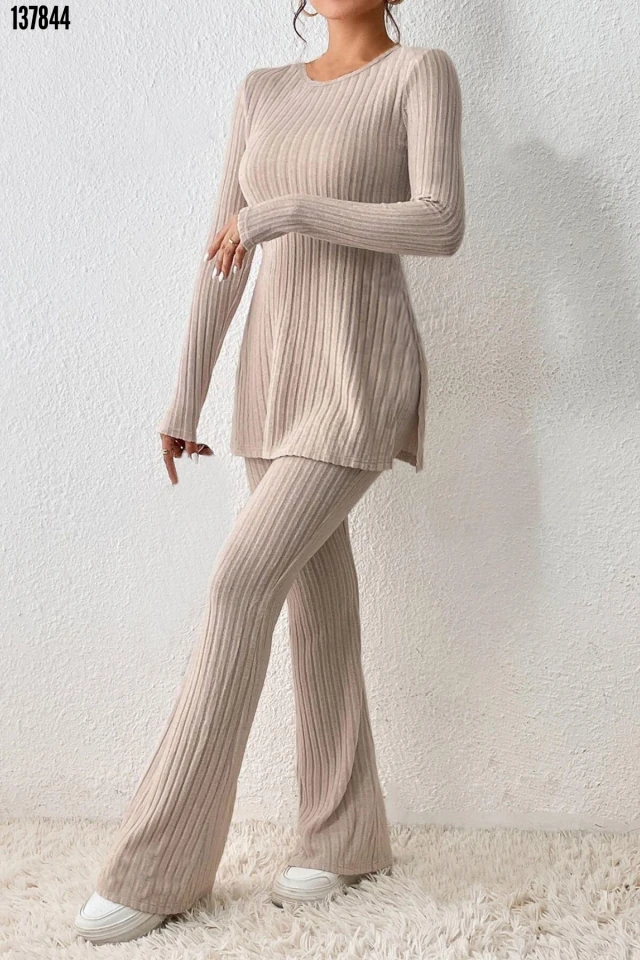 Fitilli Yırtmaç Detaylı Uzun Pijama Takımı